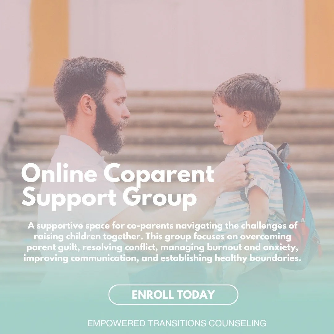 A supportive space for co-parents navigating the challenges of raising children together. This group focuses on overcoming parent guilt, resolving conflict, managing burnout and anxiety, improving communication, and establishing healthy boundaries. T