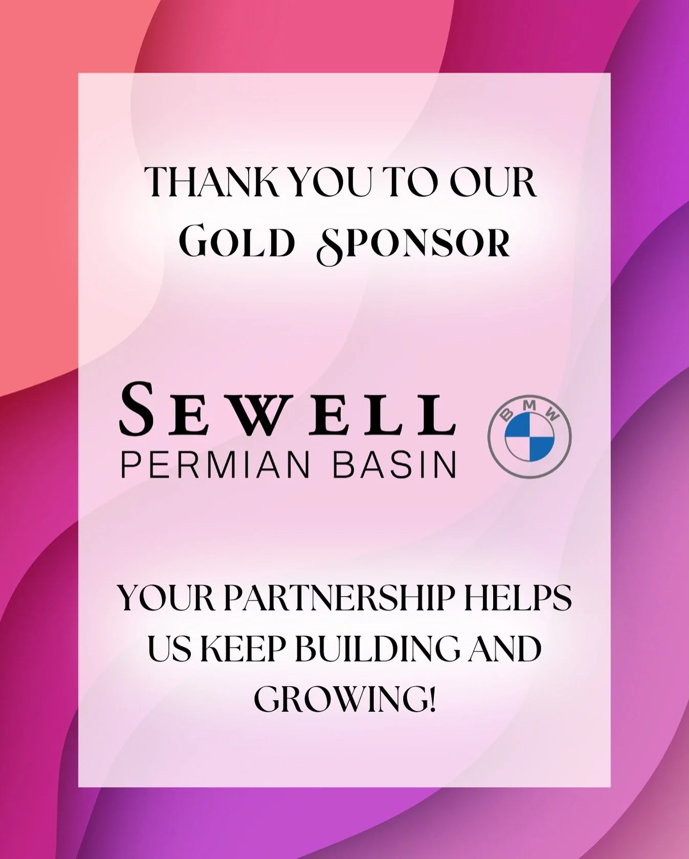 We want to send a heartfelt thank you to Sewell Permian Basin BMW, our amazing Gold Sponsor, for helping make the First Annual Impactful Women of West Texas Awards Gala an unforgettable night!

Your support as a partner is invaluable and directly con
