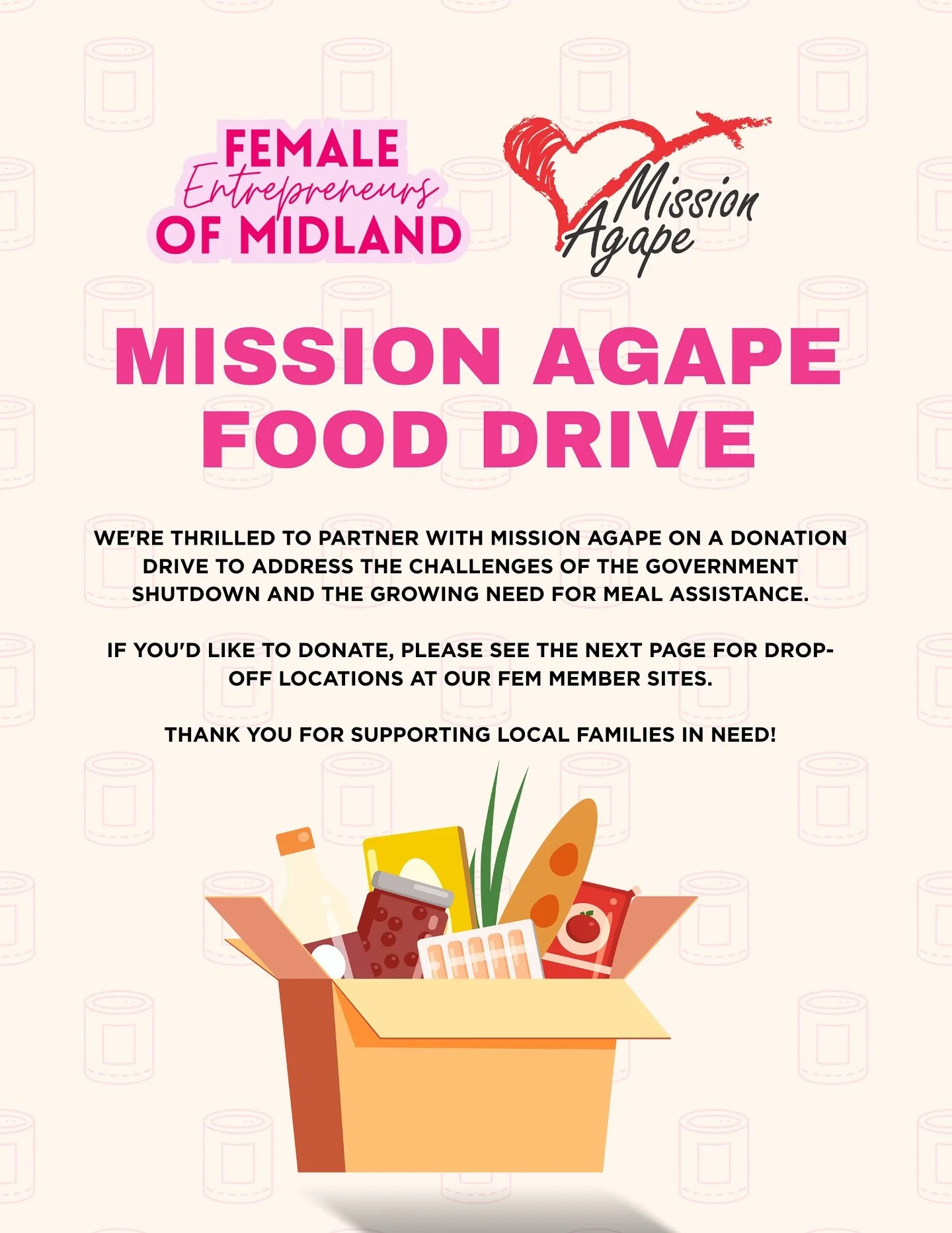 🥫 FEM Food Drive for Mission Agape! 🥫

We&rsquo;re partnering with Mission Agape to support families in Midland who need a little extra help right now, and we&rsquo;d love for you to join us!

We&rsquo;re collecting non-perishable food items to hel