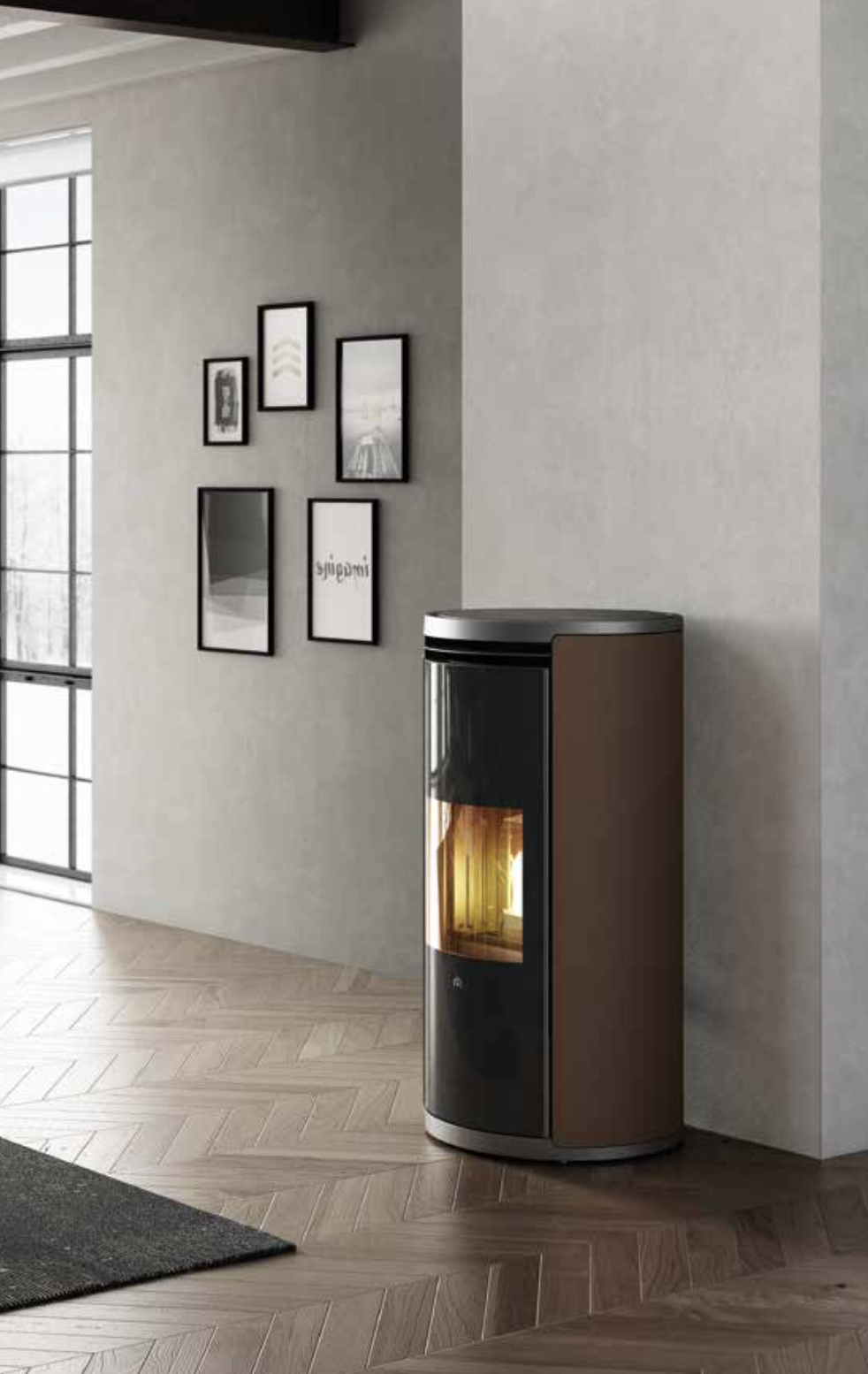 Estufa de pellet de diseño integrada en vivienda, solución económica y ecológica para calentar la casa.