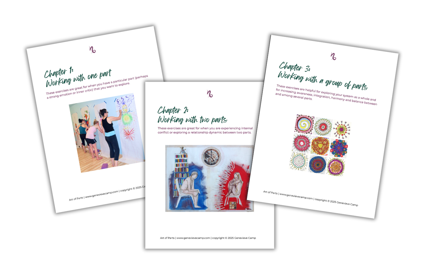 Three pages from the Art of Parts workbook showing chapters 1, 2, and 3