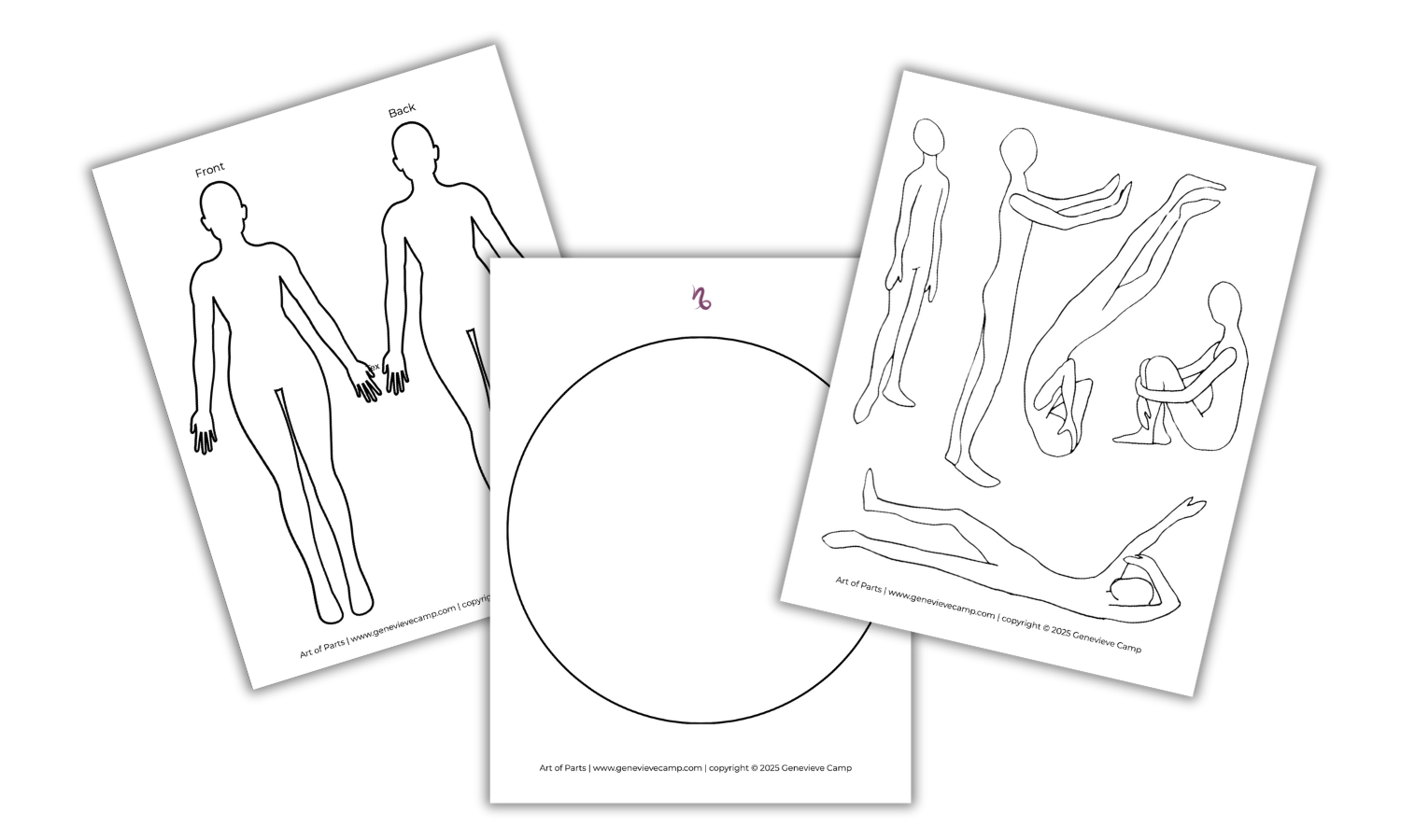 Three pages from the Art of Parts workbook showing body outline and mandala templates