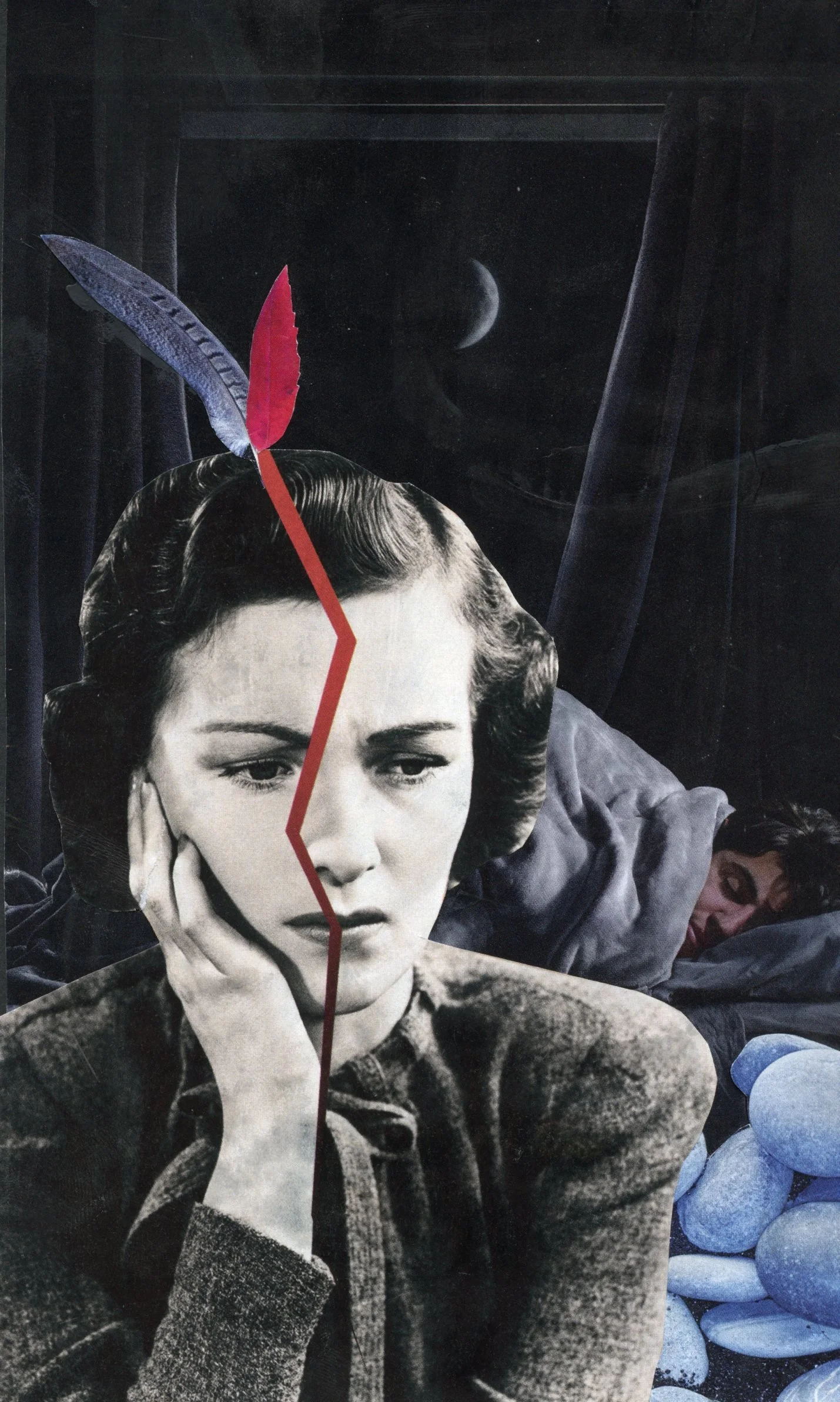 Collage with image of a woman with a disturbed look on her face and a man sleeping in the background.