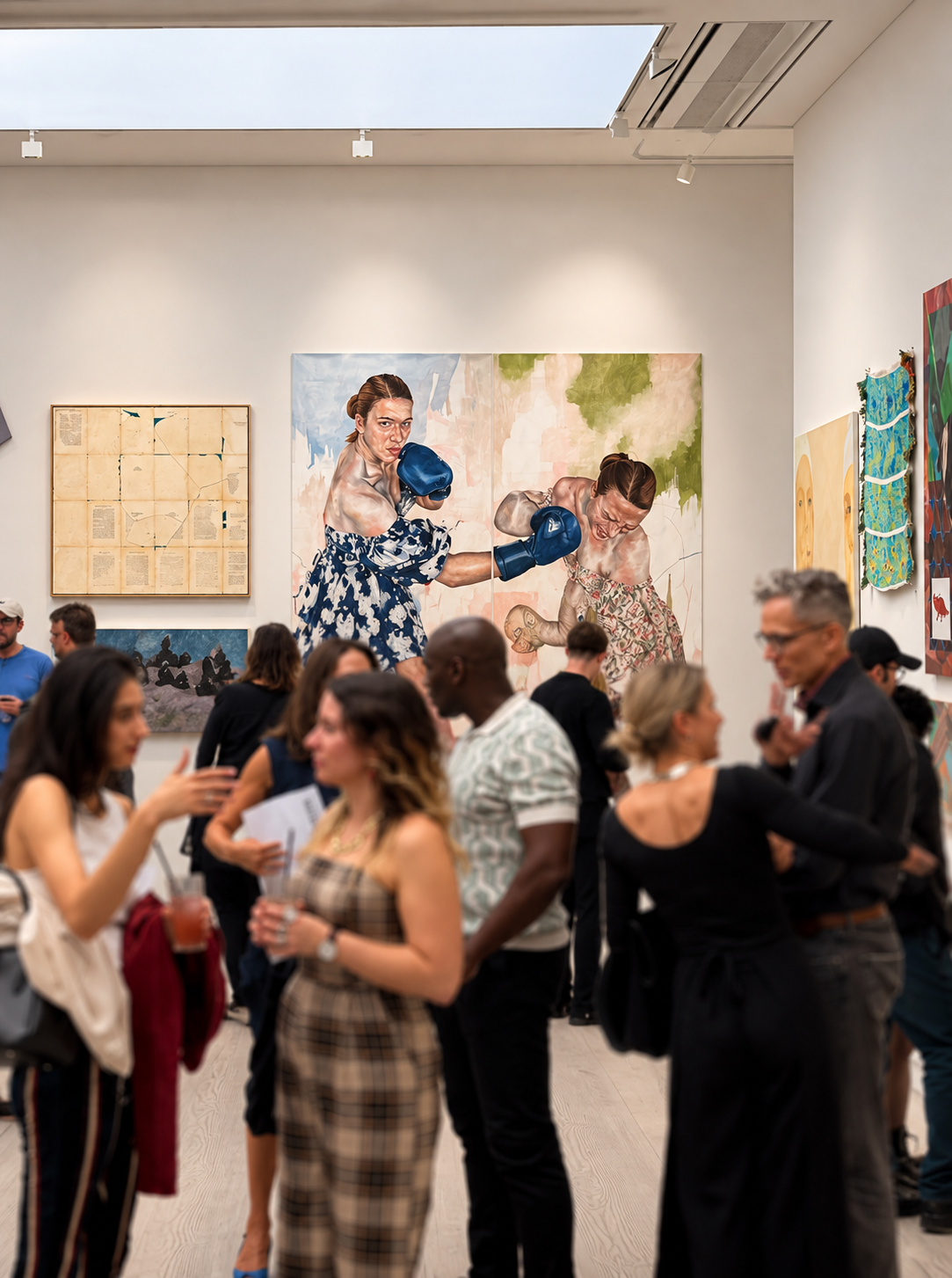 People attending an art gallery with a large painting of two women boxing, one with brown hair in a bun wearing a dress with blue boxing gloves, and the other wearing a patterned dress with blue gloves, in a bright, modern space.