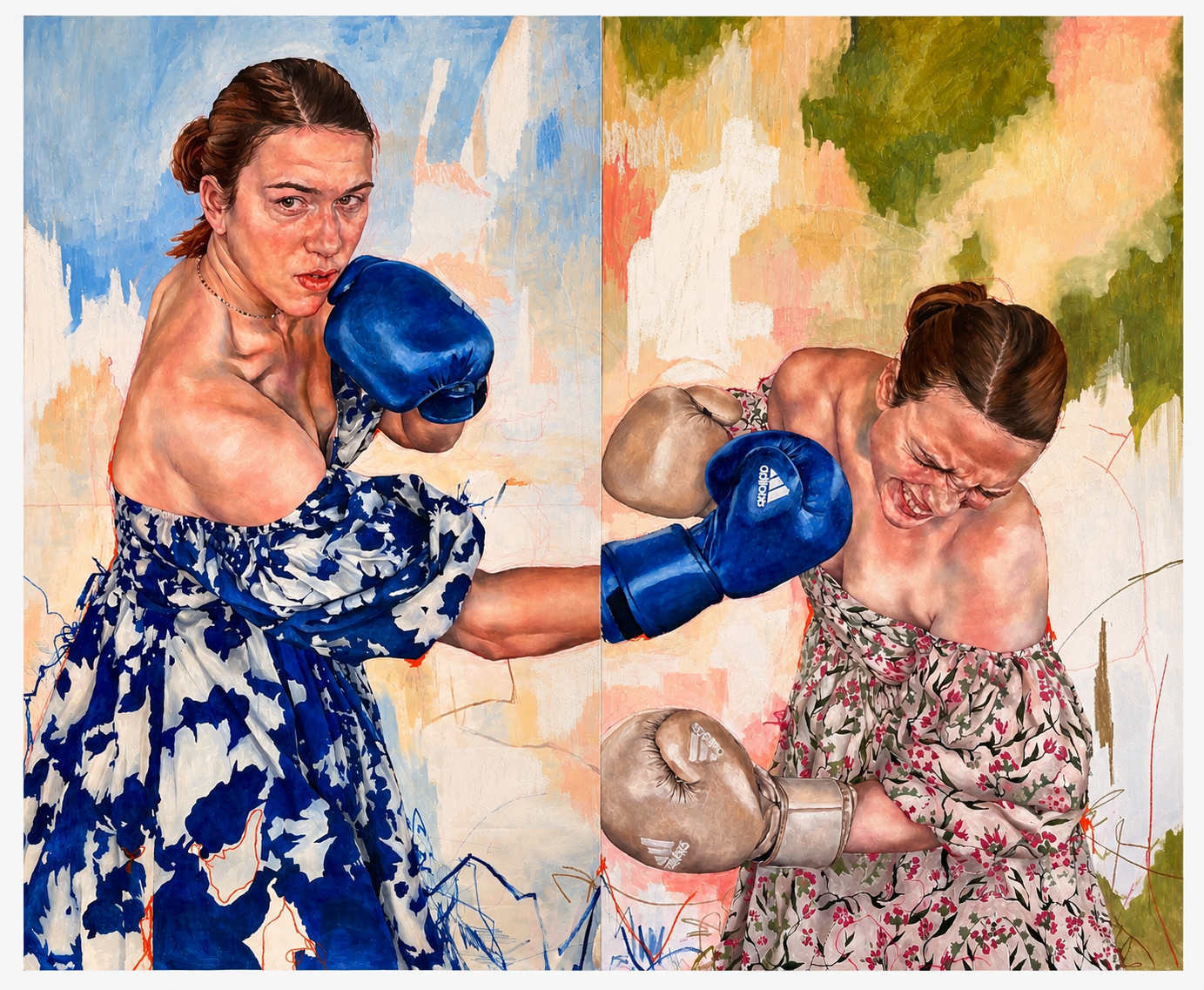 A painting of two women in a boxing stance with gloves. The woman on the left is wearing a blue and white dress, with her hair tied back, looking serious and determined. The woman on the right is wearing a floral dress, with her hair tied back, showing an expression of pain or effort after being hit.