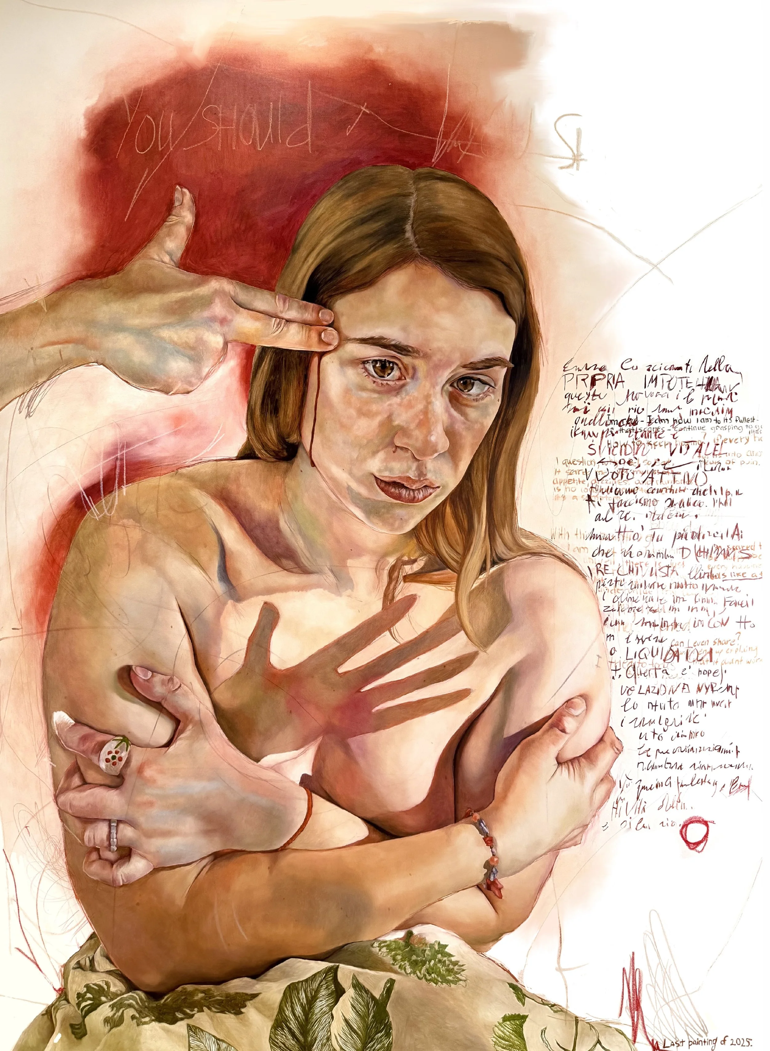 A detailed painting of a young woman with light brown hair, holding her arms crossed over her chest. She appears to be in emotional distress or deep thought, with handwritten notes and scribbles in the background and on her arms.