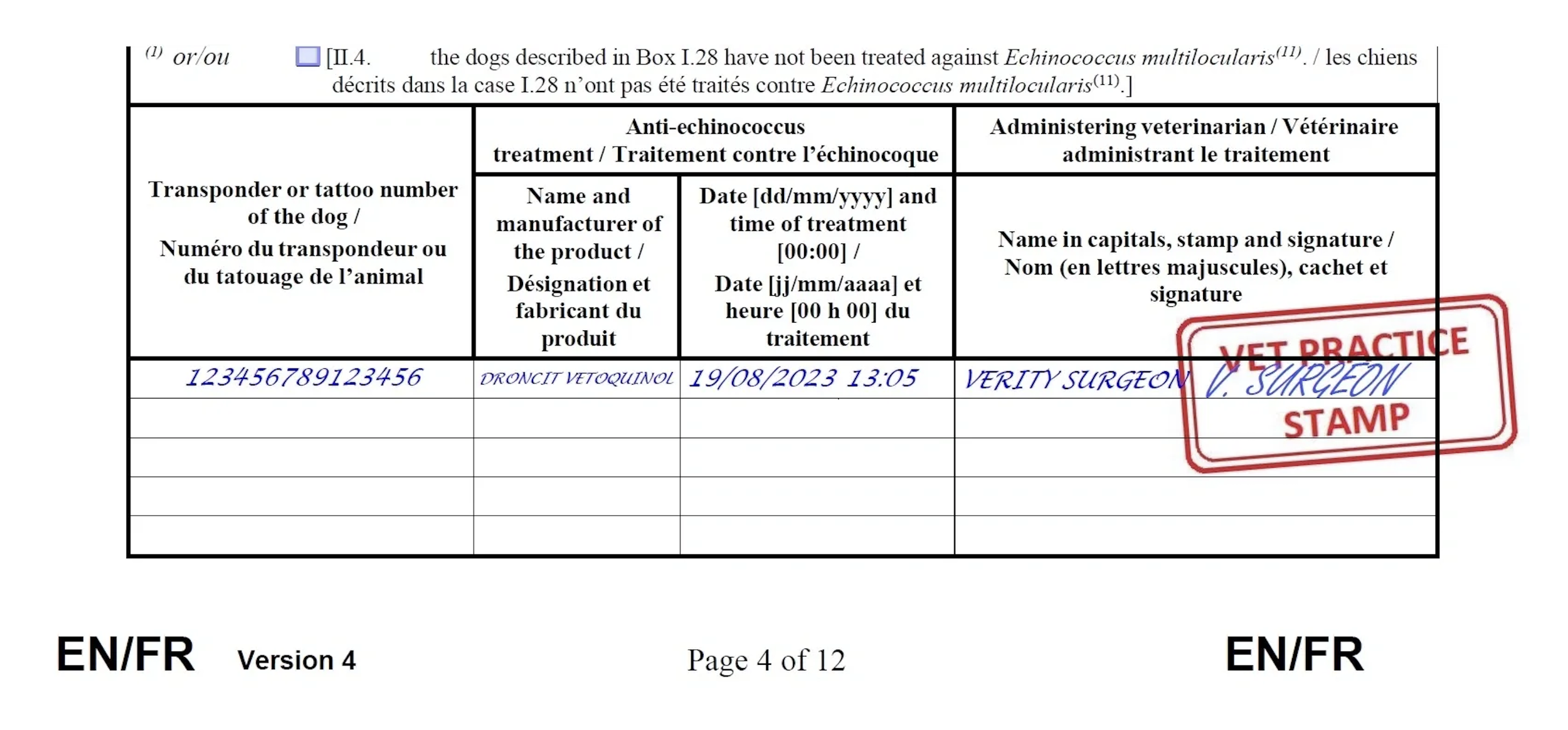 Example of bottom of page four in an Animal Health Certificate, filled with the information regarding tapeworm treatment.