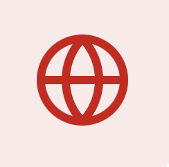 Red globe icon on a light pink background.