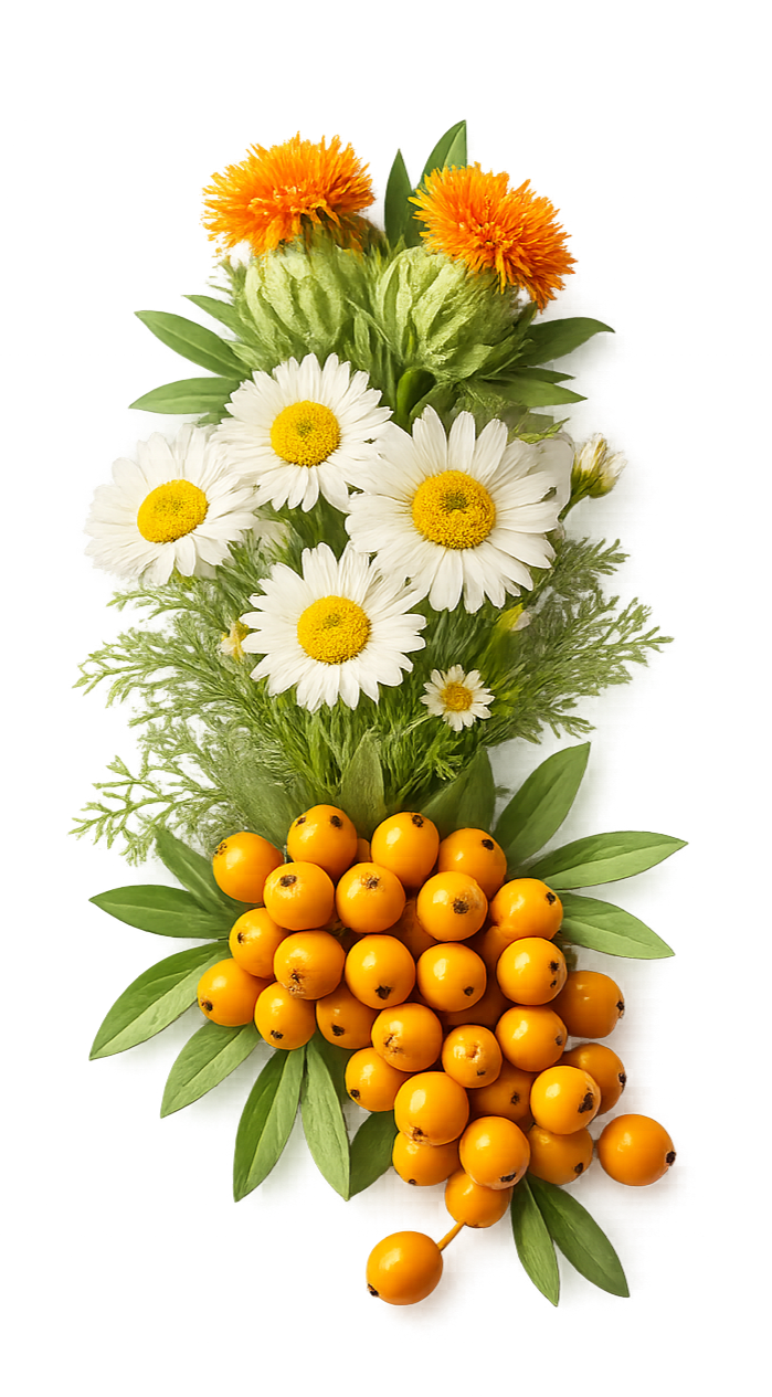 A floral arrangement with orange marigolds, white daisies with yellow centers, and yellow berries, surrounded by green leaves.