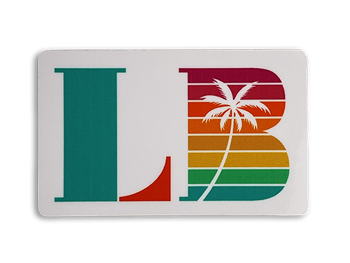 A sticker with the phrase 'L B' on a white background. The letter 'L' is in teal, and the letter 'B' is stylized with horizontal rainbow stripes and a palm tree design.