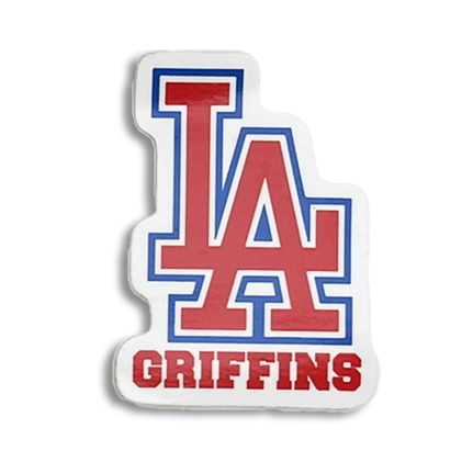 LA Dodgers themed foam sign with 'GRIFFINS' text at the bottom.