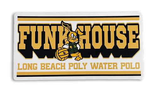 Sticker for Long Beach Poly Water Polo featuring a cartoon rabbit holding a water polo ball with text 'Funkyhouse Long Beach Poly Water Polo'.