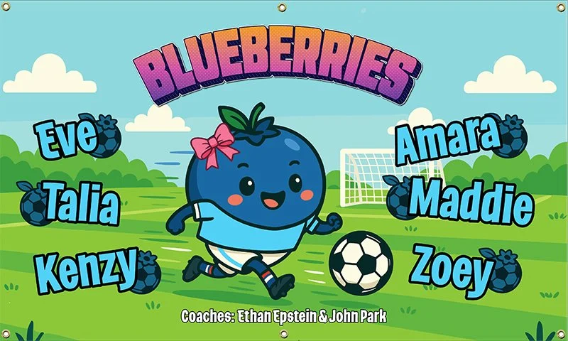 Cartoon illustration of a happy blue blueberry character wearing a pink bow, playing soccer on a grassy field with a soccer goal in the background. The title 'Blueberries' is at the top, with the names Eve, Talia, Kenzy, Amara, Maddie, and Zoey listed alongside blueberry icons. Coached by Ethan Epstein and John Park.