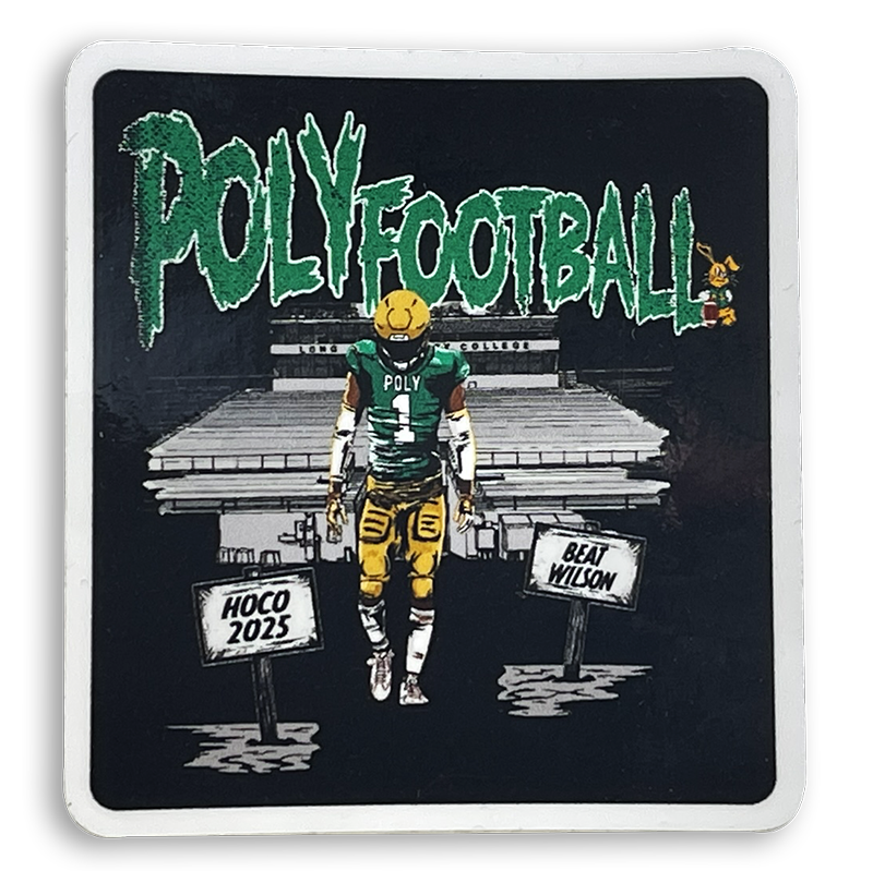 Illustration of a football player in Green and yellow uniform walking on a stadium field with signs reading "HOCO 2025" and "BEAT WILSON". The background features a stadium and the word "POLYFOOTBALL" in large green letters at the top.