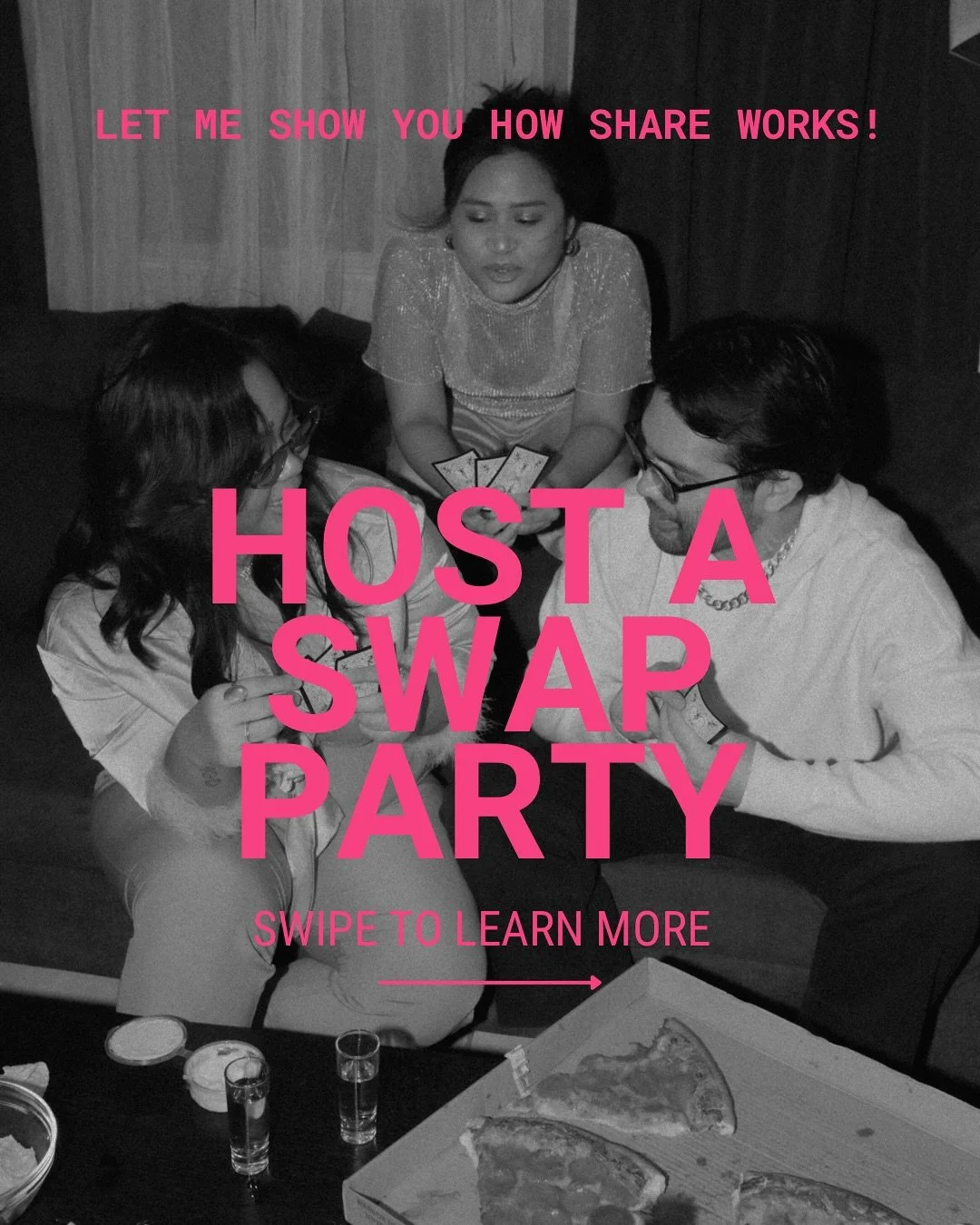 Since SHARE is a new concept with its POINT-BASED swapping platform, I&rsquo;d love the opportunity to explain in person how it works! Hosting a swap party is a perfect way to do that. I&rsquo;ll bring the racks + hangers &ndash; you just gather a fe