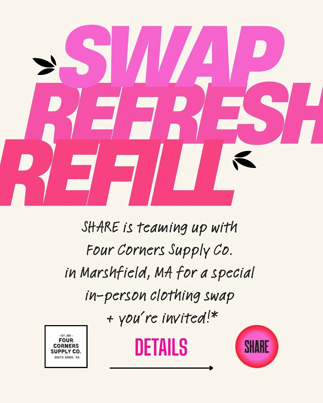 Sunday October 19th: Fall in love with some new to you items at our in person women&rsquo;s clothing swap. Hosted by the fabulous @fourcornerssupply 2-4 pm 1857 Ocean Street, Marshfield MA.
