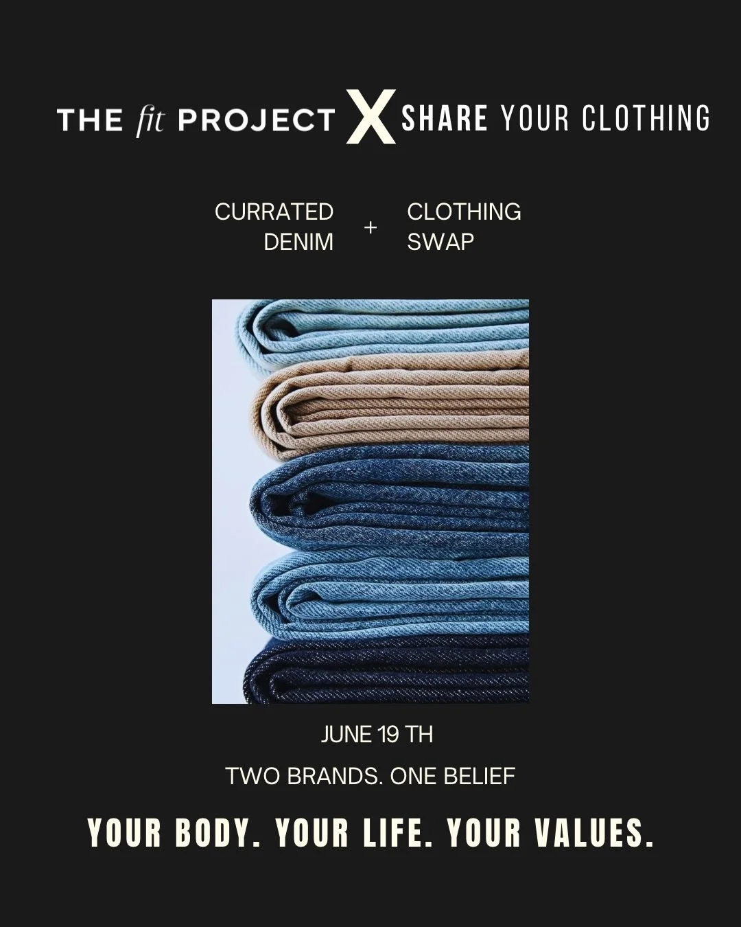 The Fit Project was built from the ground up this year + I fucking love what they&rsquo;re doing. When they said collab, I said when.

It&rsquo;s June 19th from 12-6 + we want you there for a live clothing swap. Bring 2 pieces your closet is done wit
