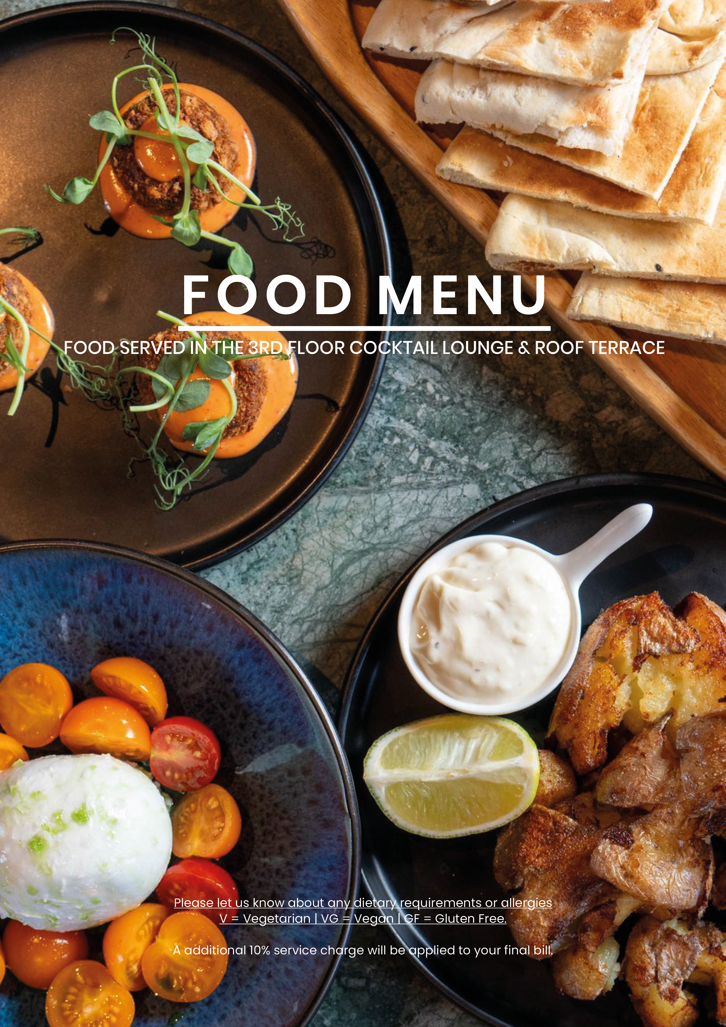 A food menu featuring a variety of dishes including a dish with microgreens on top, flatbread on a wooden tray, a bowl of cherry tomatoes and a ball of burrata cheese, a serving of fried chicken with a lemon wedge, and a small cup of sauce or dressin