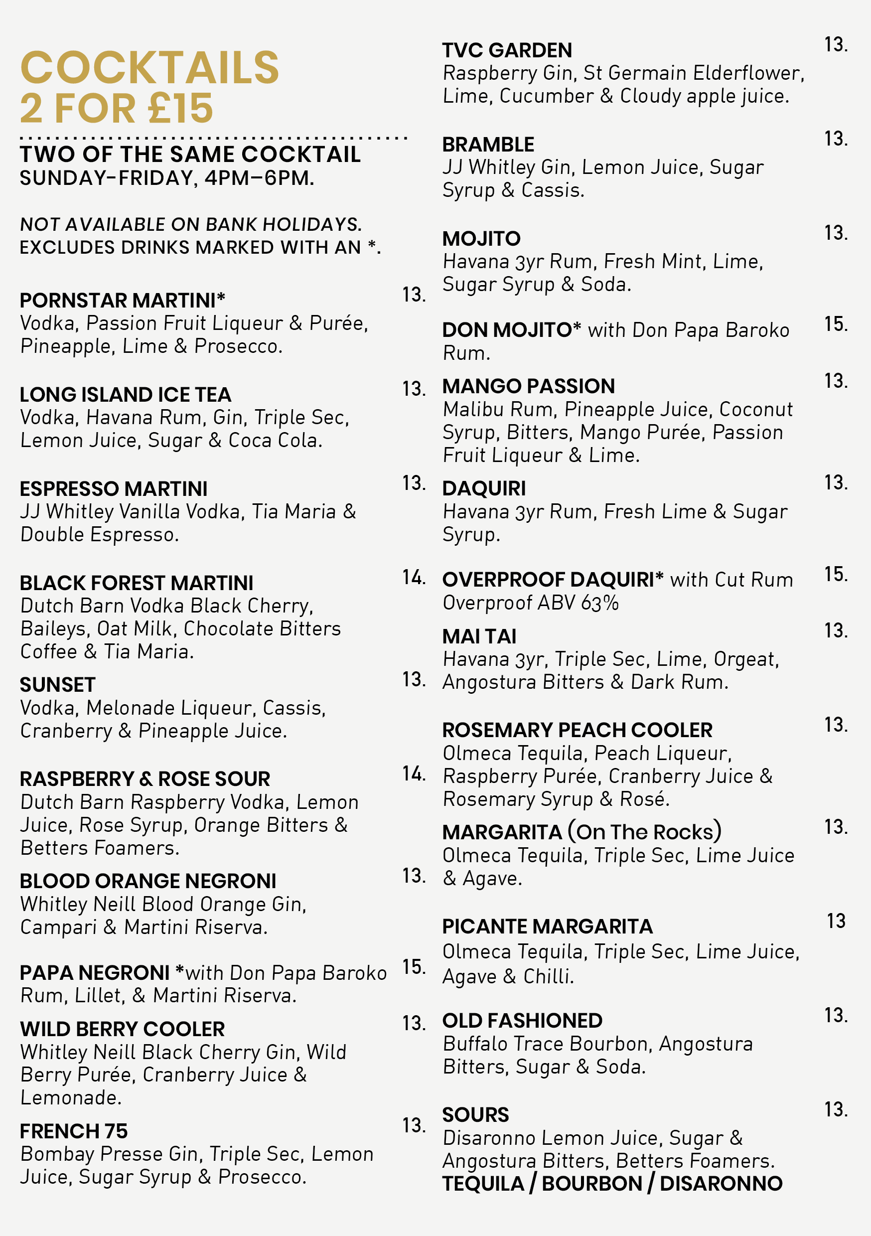 Cocktail menu listing various drinks with ingredients and prices.