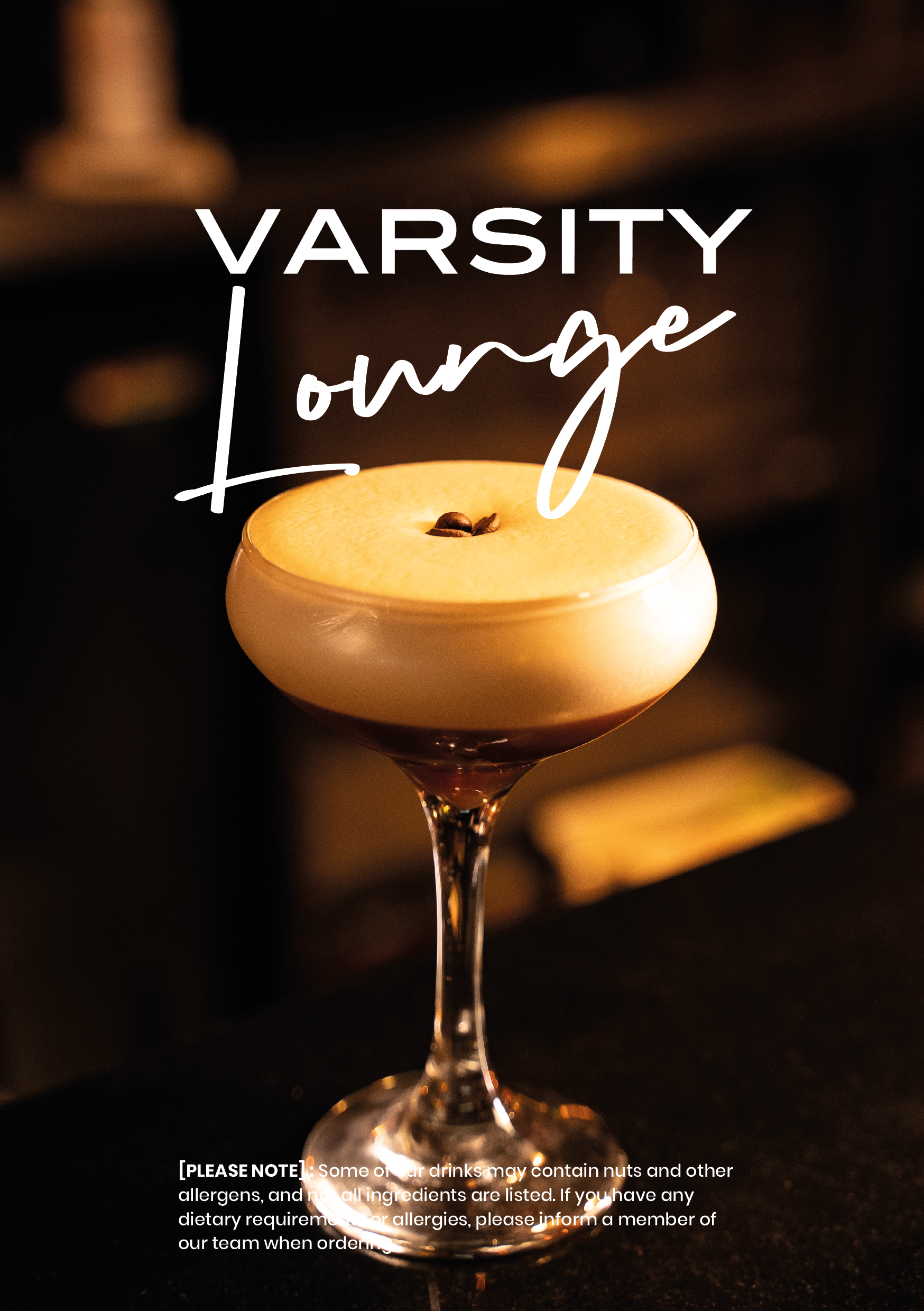 A cocktail in a coupe glass with a foam top and coffee beans, advertising Varsity Lounge.
