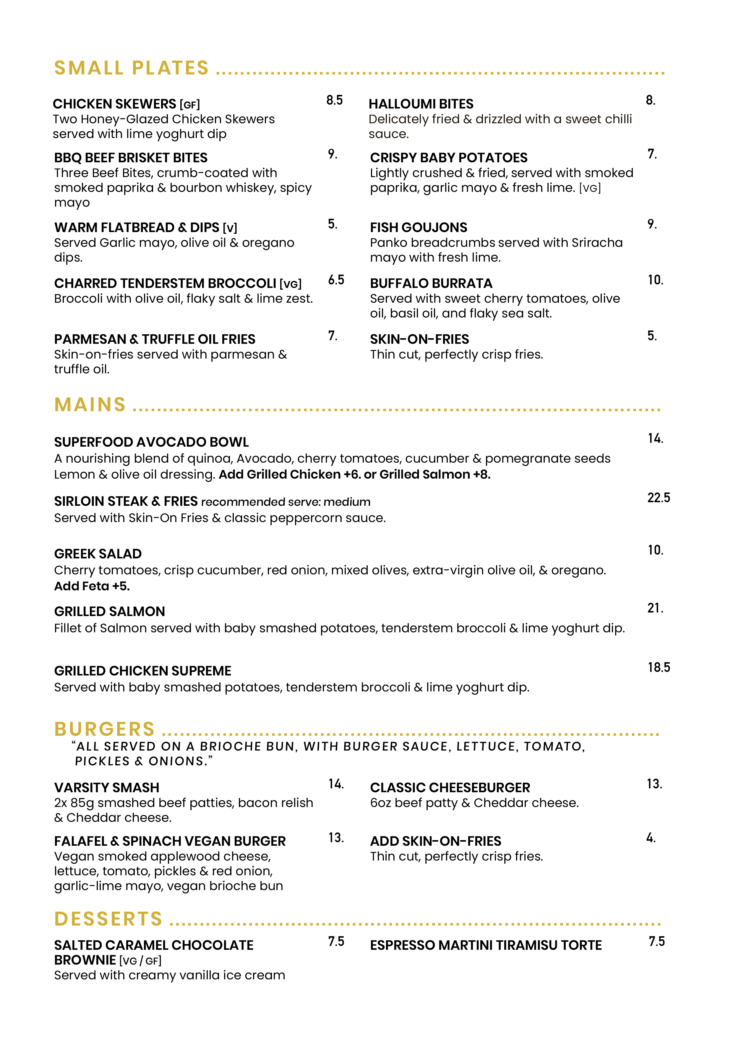 Menu of food and drinks including small plates, mains, burgers, and desserts.