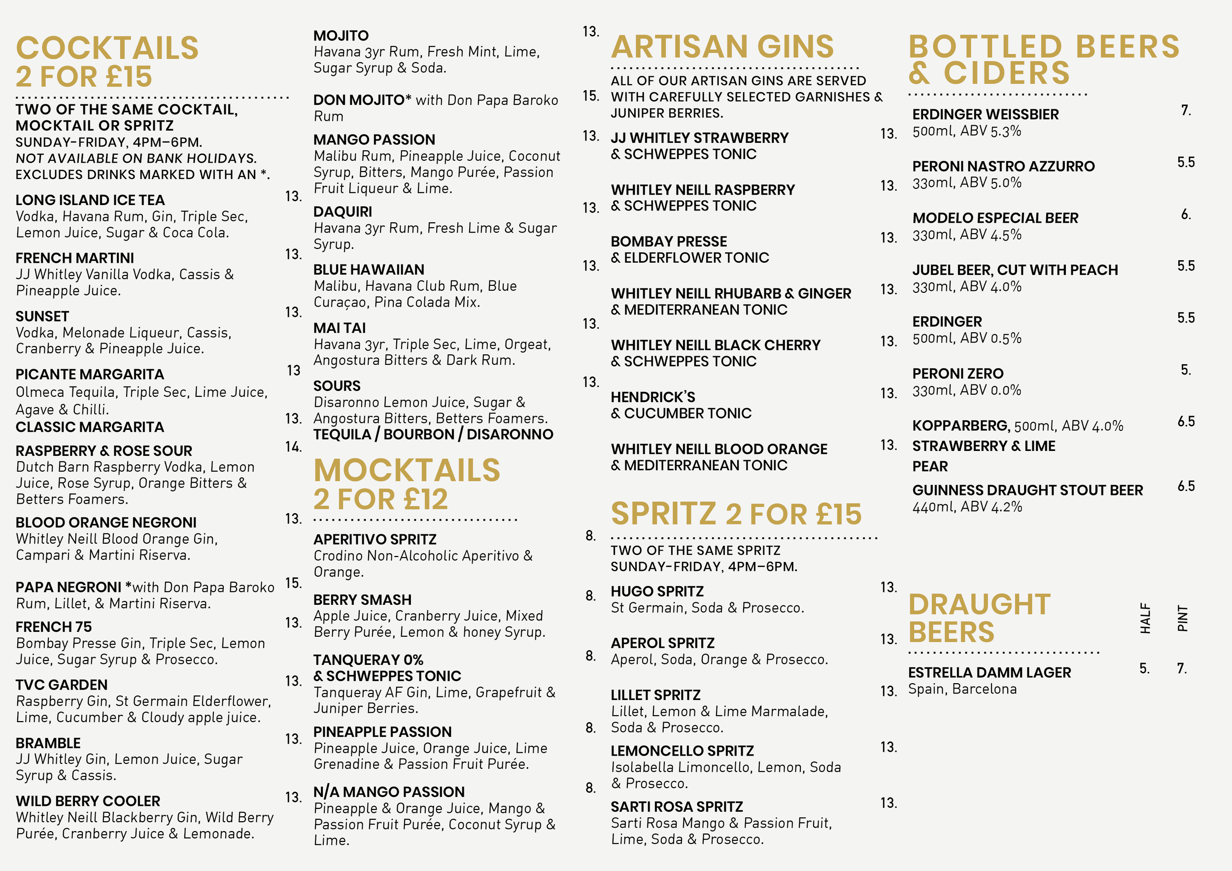 Menu featuring cocktails, mocktails, artisan gins, bottled beers, ciders, spritz, and draught beers. Cocktail section offers two for fifteen pounds, including Long Island Ice Tea, French Martini, Sunset, and others. Mocktails are two for twelve pound