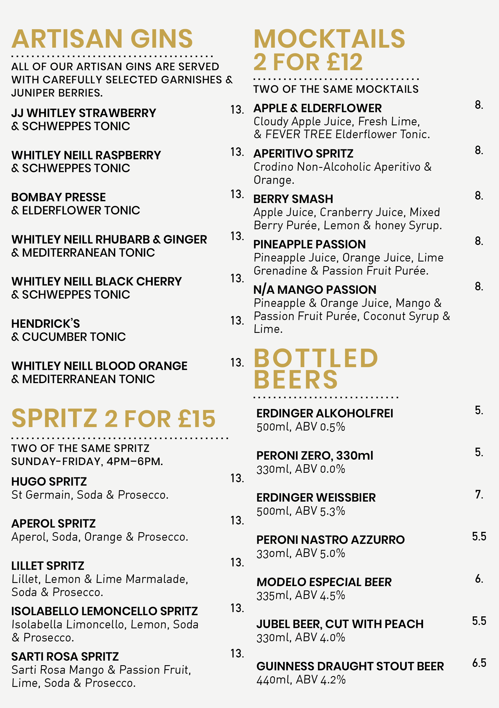 A menu listing artisan gins, mocktails, spritz options, and bottled beers. The artisan gins section details various gin brands with garnishes and juniper berries. Mocktails are offered at 2 for £12, with flavors like apple & elderflower, aperitivo sp