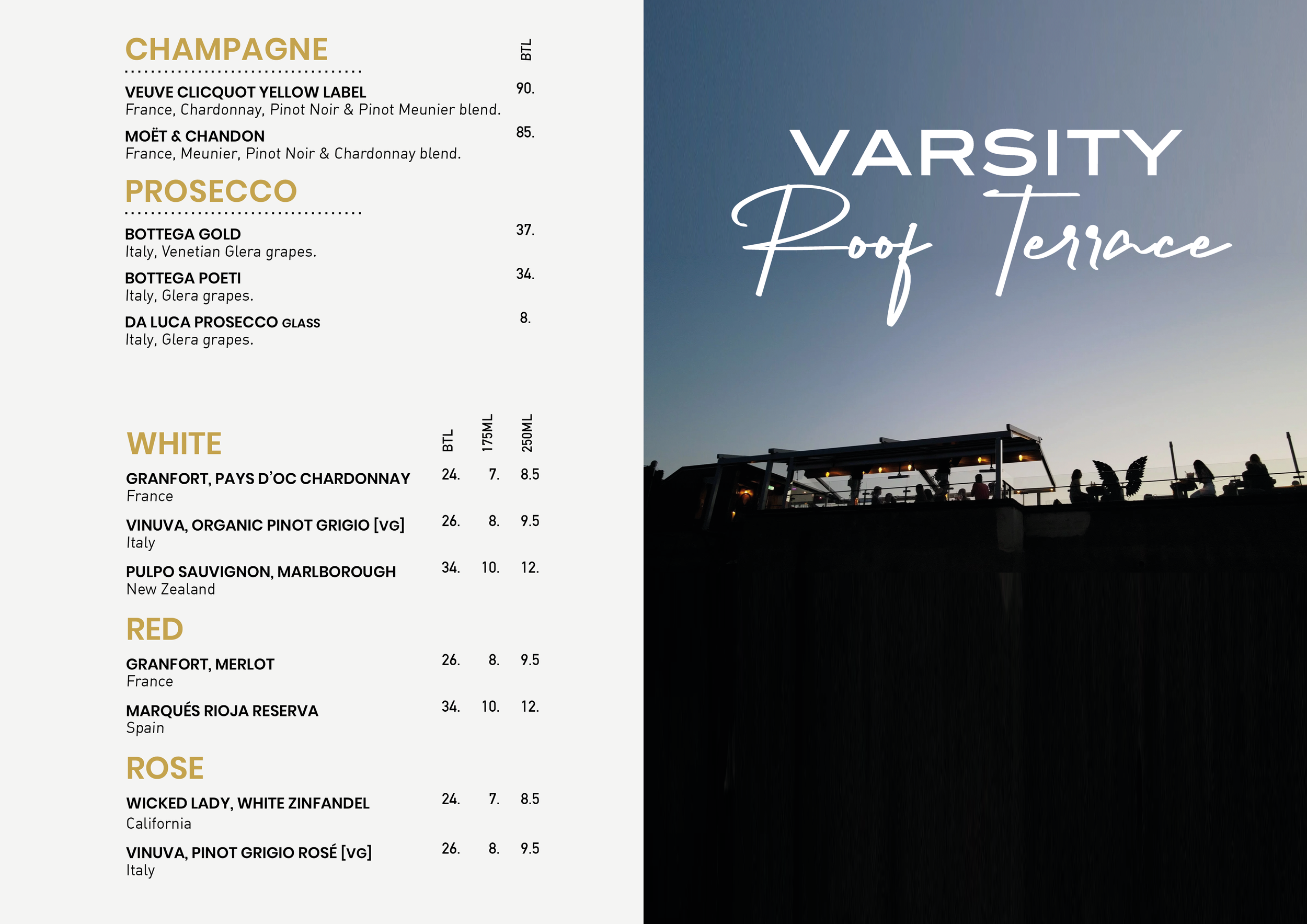 A rooftop terrace at sunset or dusk with people socializing and relaxing, under a darkening sky, with the text 'Varsity Roof Terrace' overlaid. The left side of the image features a menu listing various wine and champagne options.