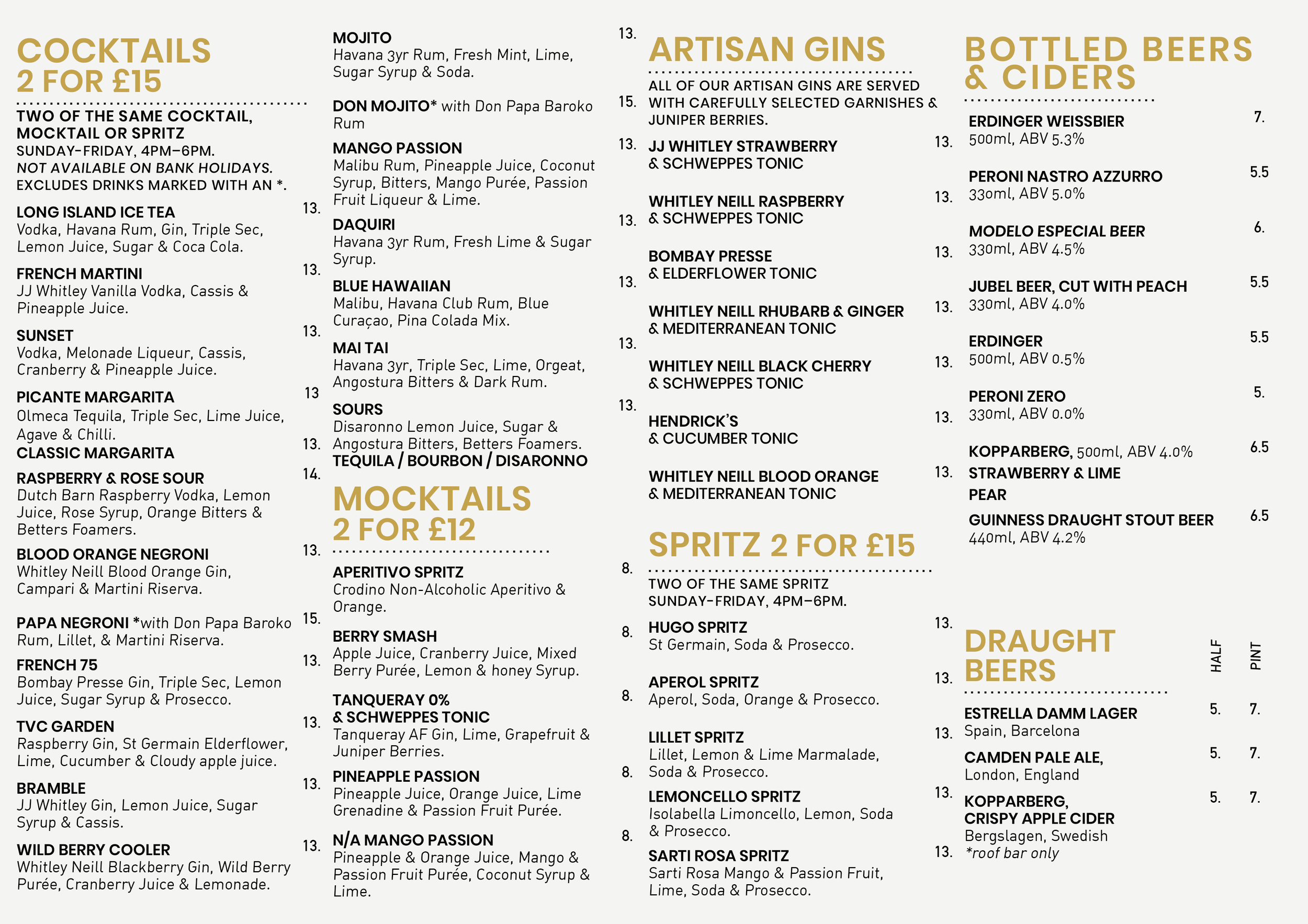 A menu featuring various drinks including cocktails, mocktails, artisanal gins, bottled beers, ciders, spritzes, and draught beers. Prices range from £5 to £15, with special offers like two cocktails for £15, two mocktails for £12, and spritzes for £