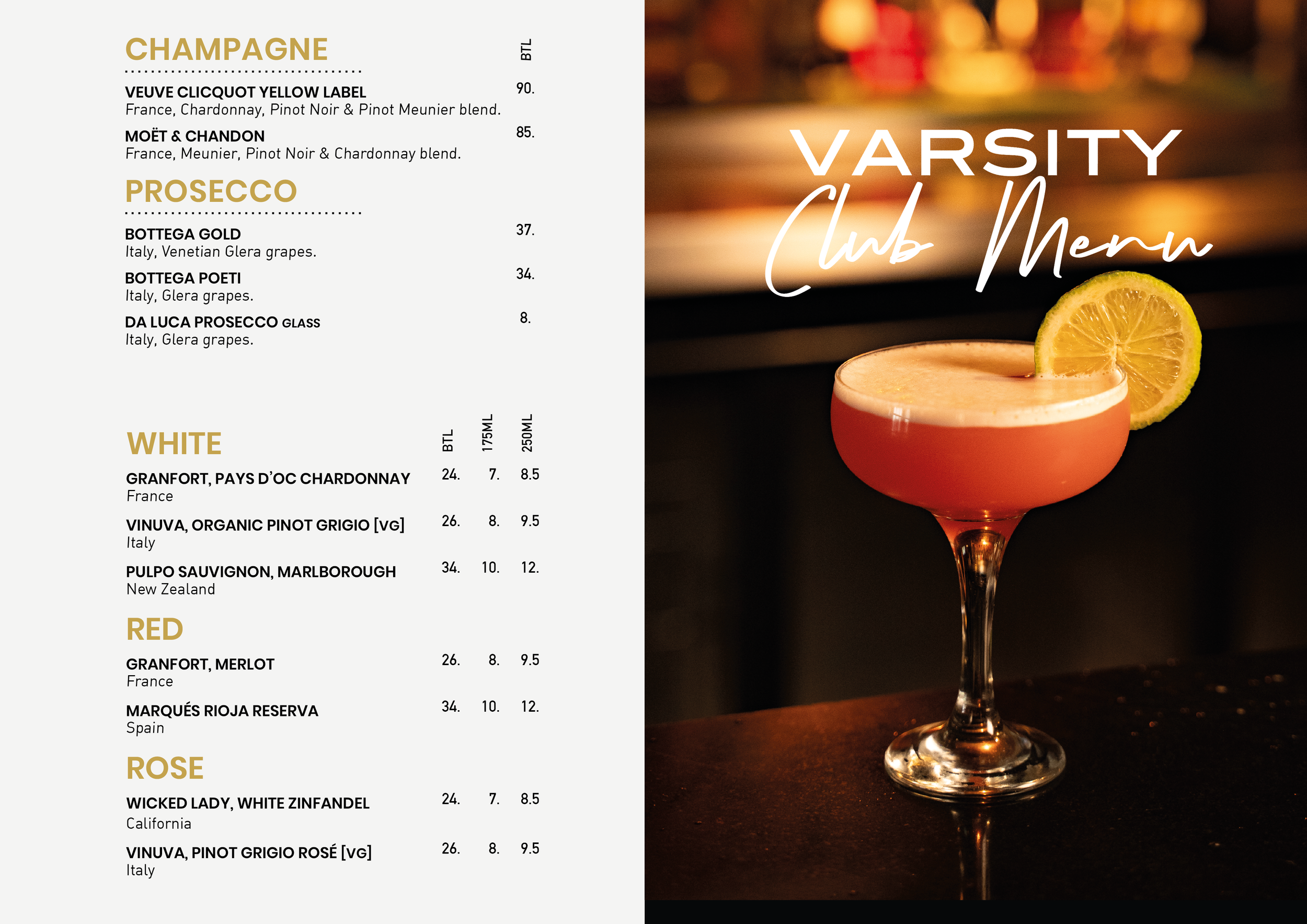 A menu titled "Varsity Club Menu" with a background image of a pink cocktail garnished with a lemon slice on the right side.