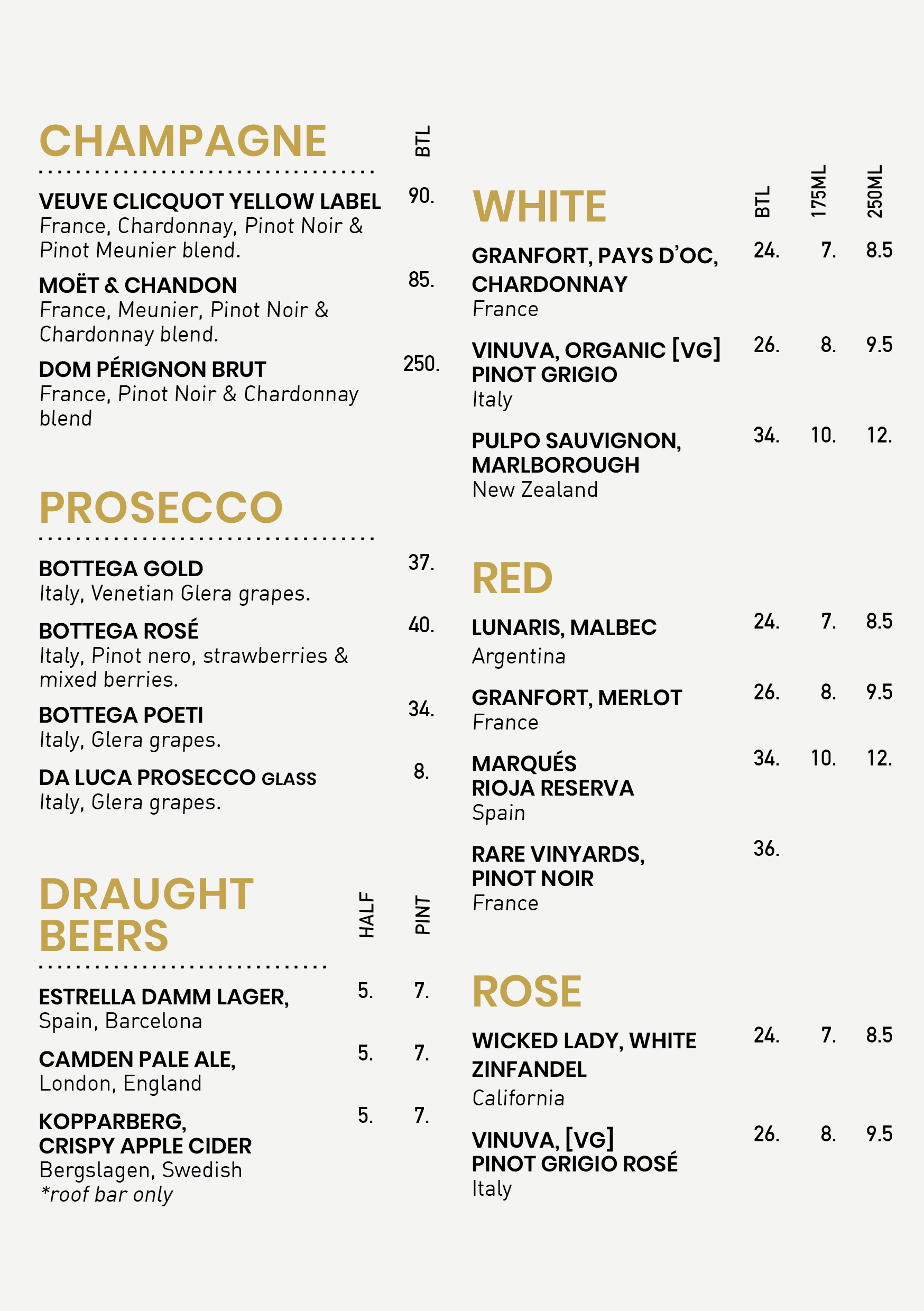 Wine menu with categories for Champagne, White, Prosecco, Red, Rosé, and Draught Beers, food and drink options listed with prices.