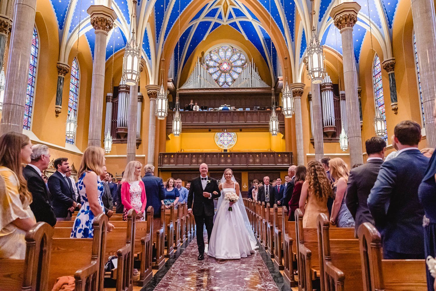 Bride and father walking down aisle at St. Mary's Cathedral Peoria IL