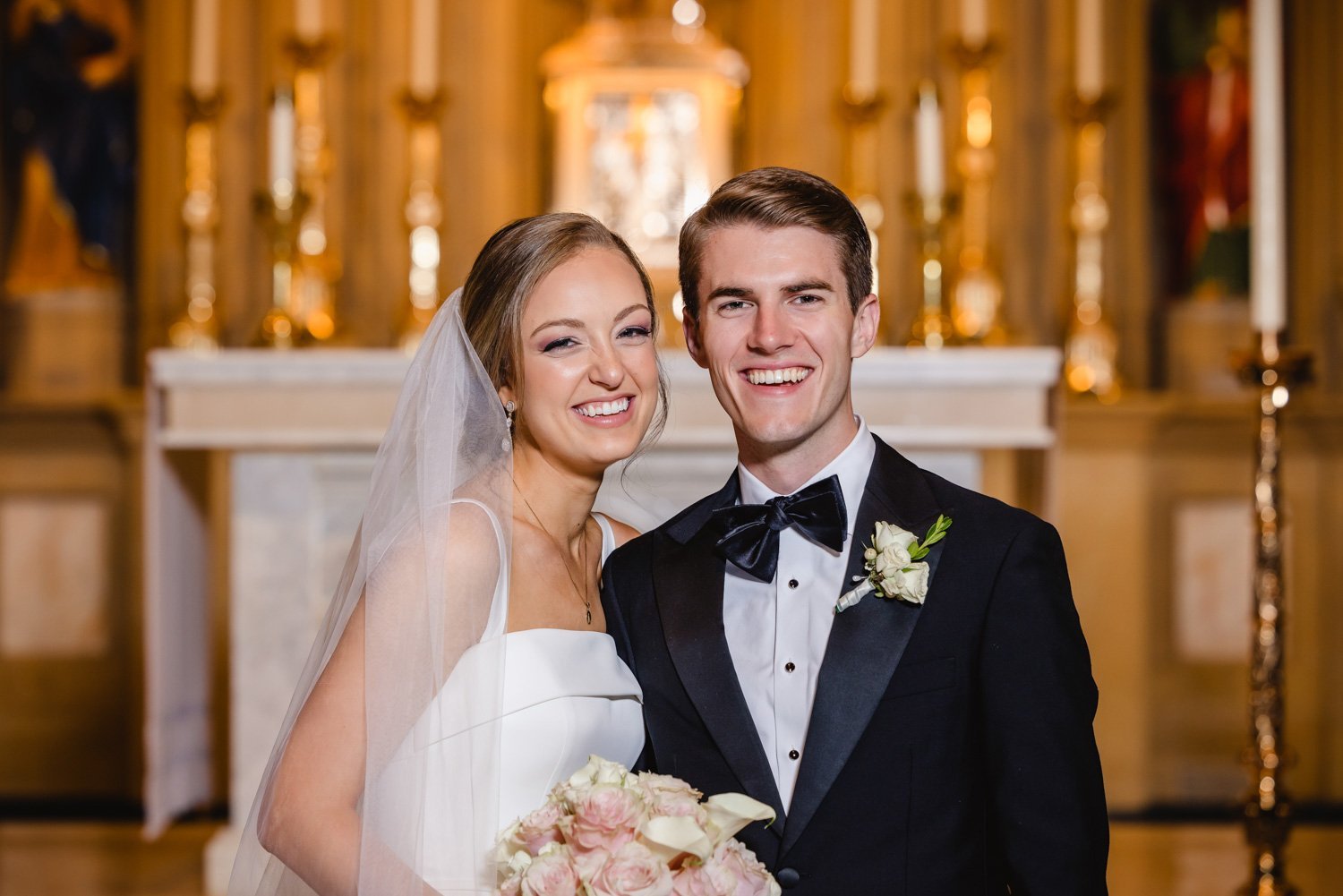 Smiling Bride and Groom at St. Mary's Cathedral Peoria IL