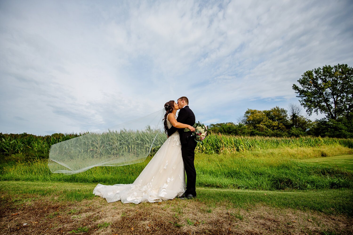 Bride and groom portrait veil cornfield