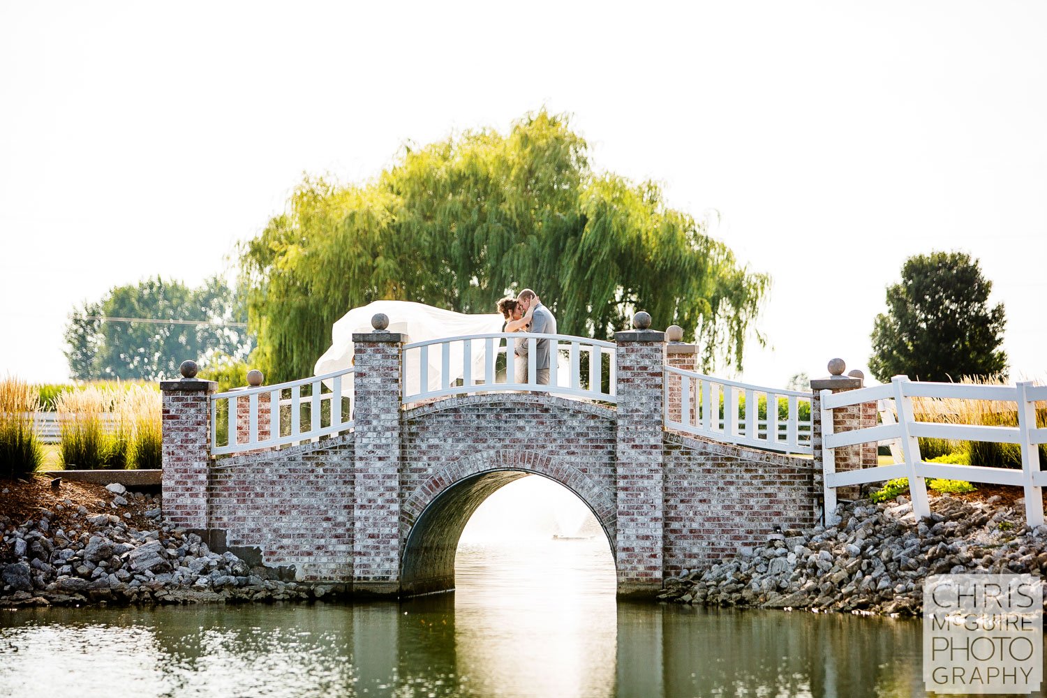 Central Illinois wedding portrait bride groom kiss as veil flys in air