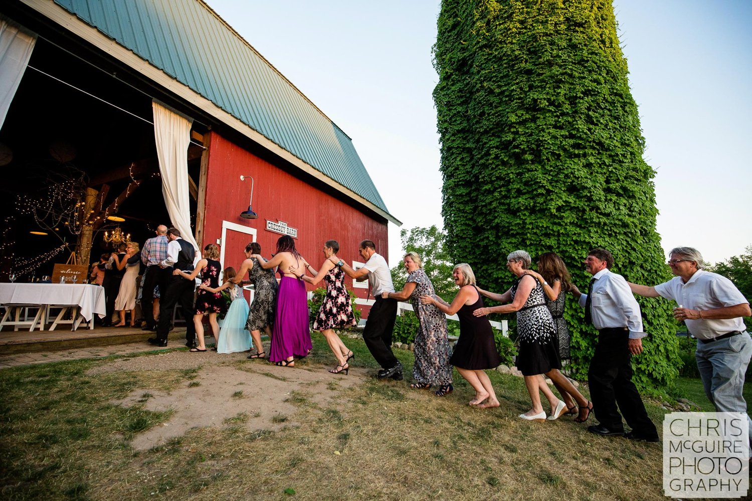 conga line at barn wedding