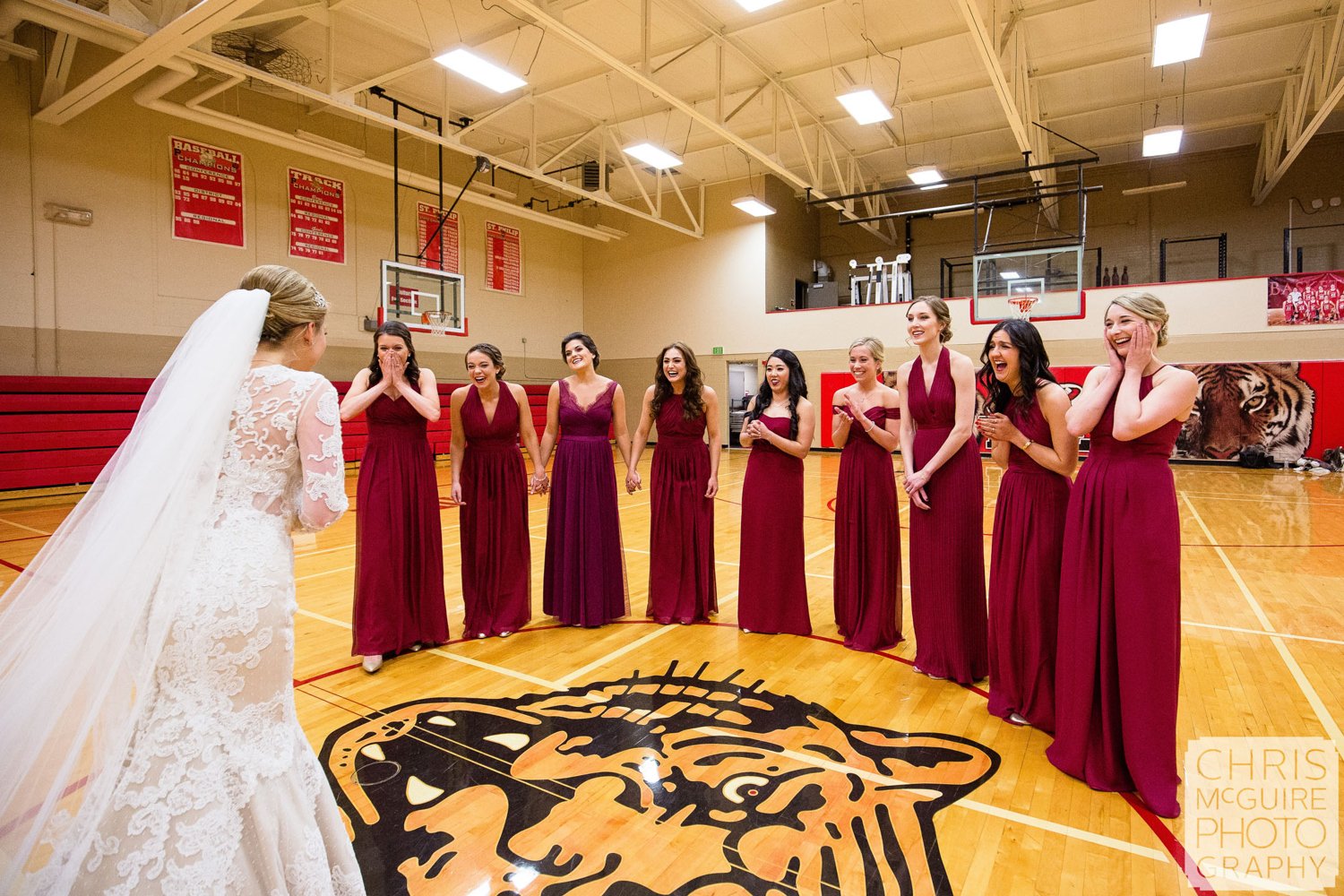 bride reveal to bridesmaids in gym