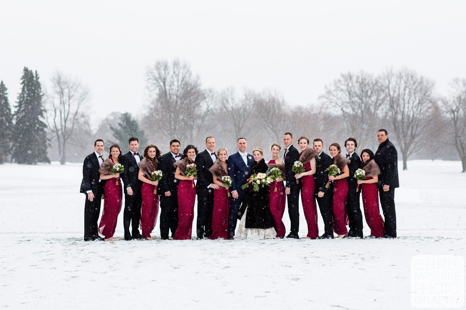 wedding party in snow