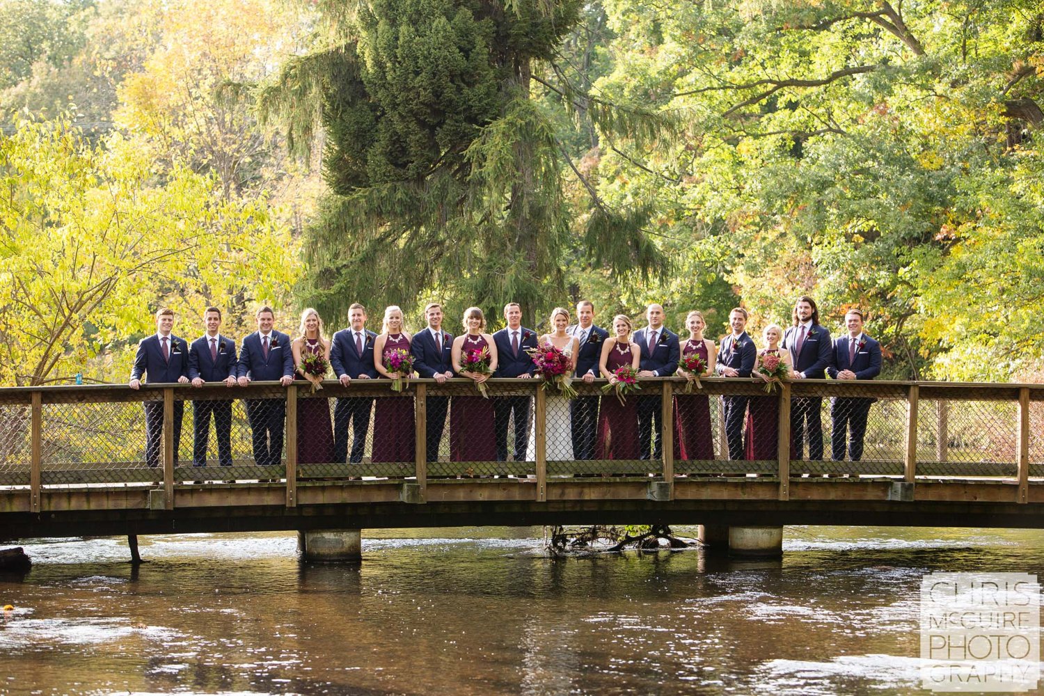 midwest wedding party on bride in fall