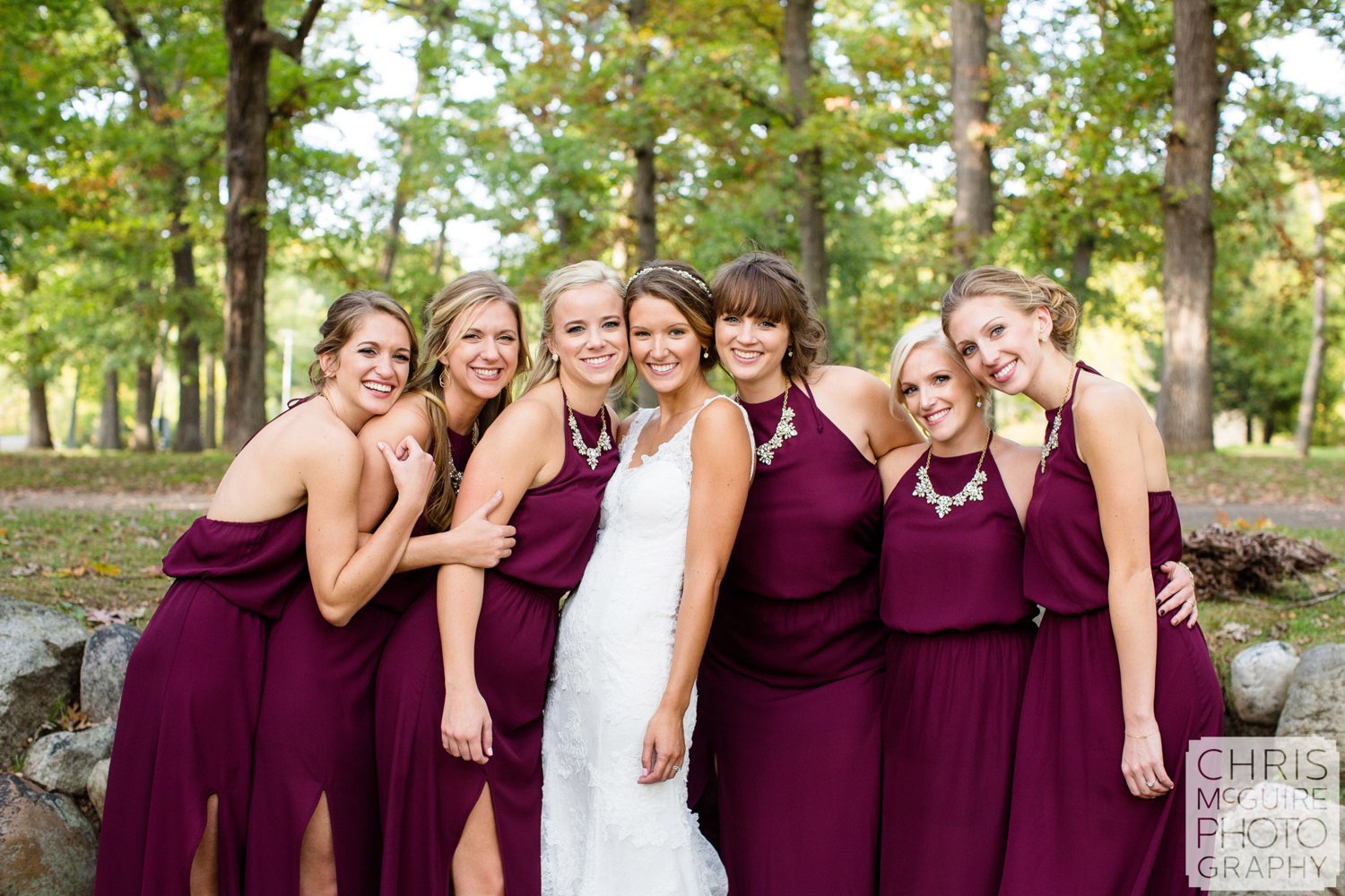 bride and bridesmaids maroon dresses