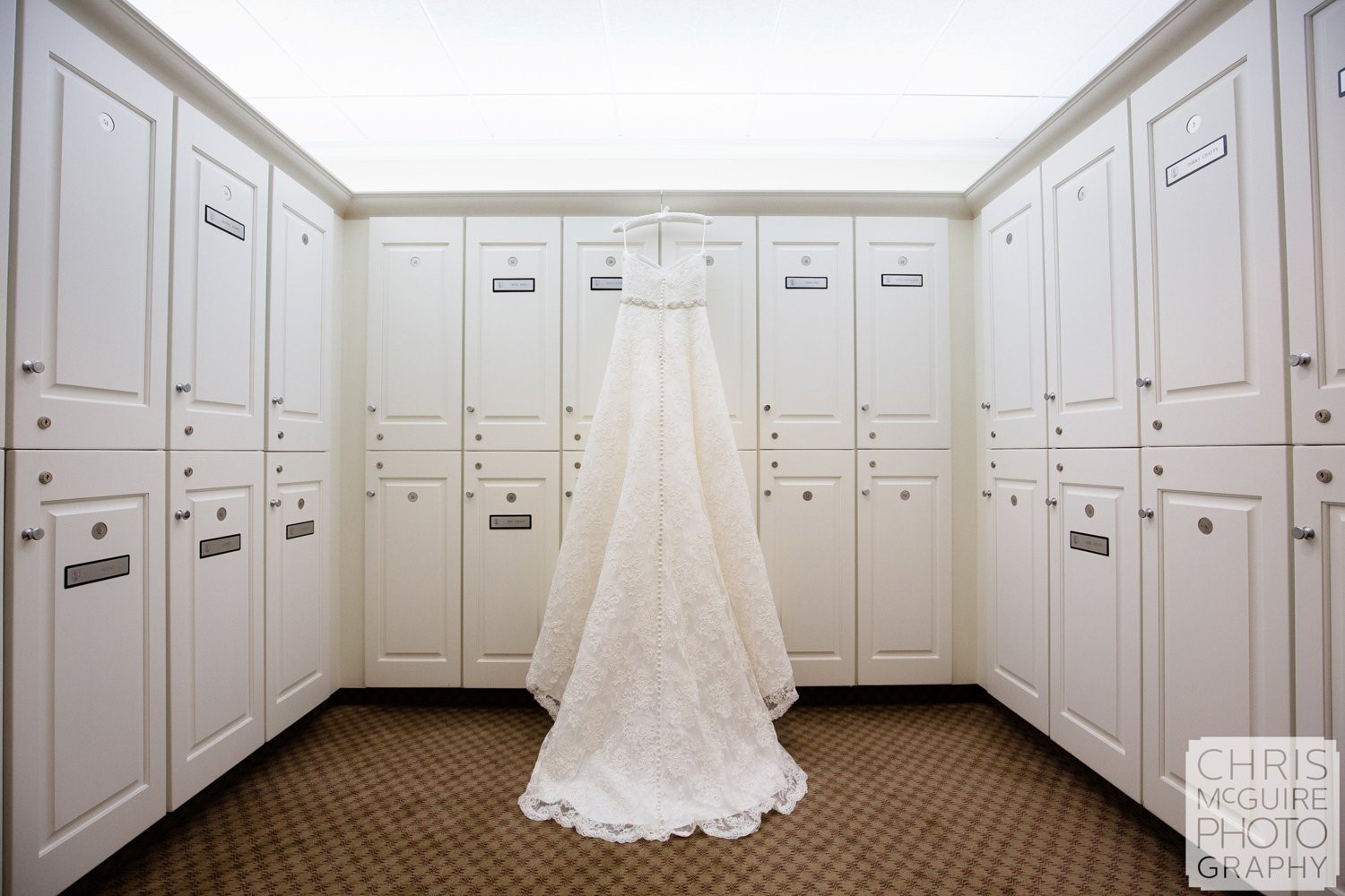 wedding dress in country club locker room