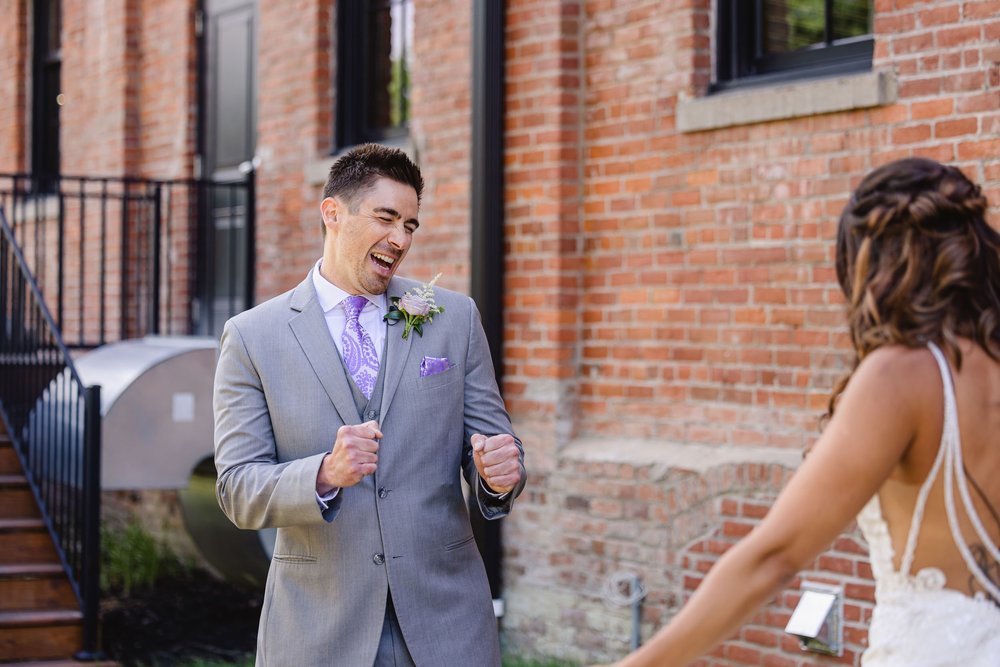 Groom reaction during first look at Trailside event center