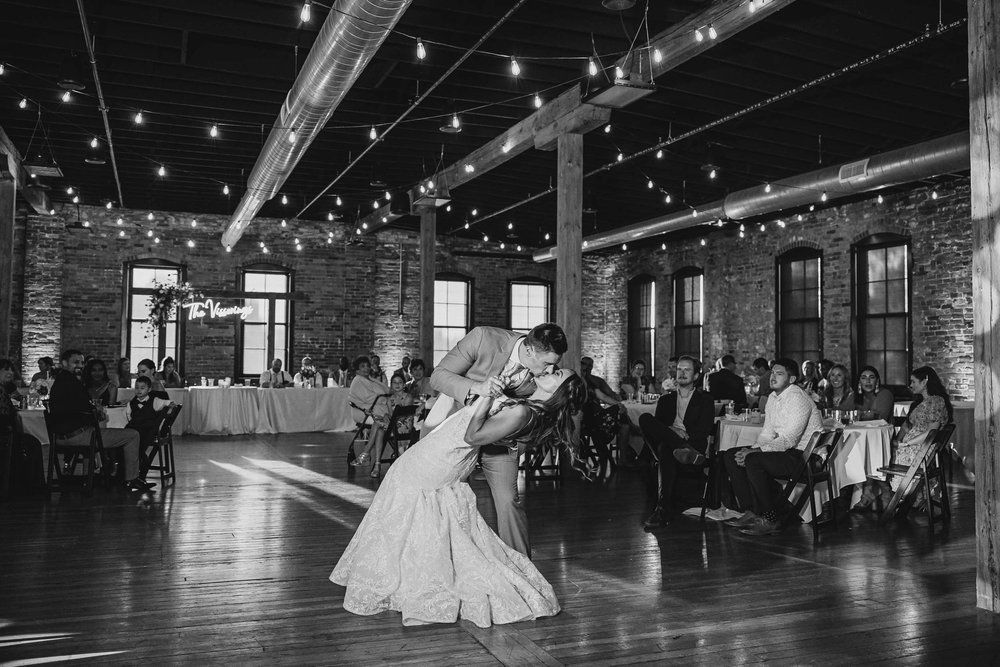 First dance dip at Trailside event center wedding reception