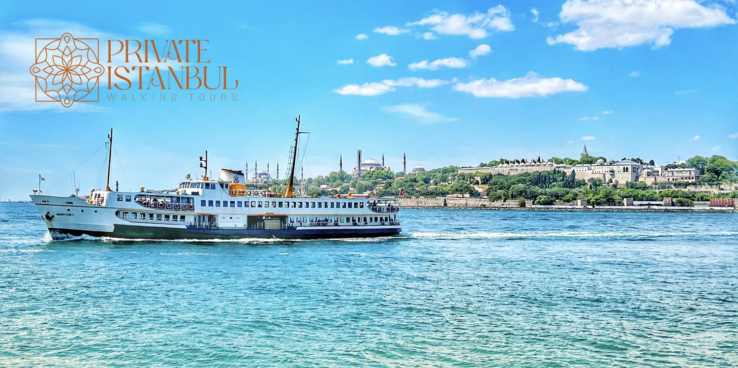 A public ferry on the Bosphorus with Istanbul's historic skyline behind it