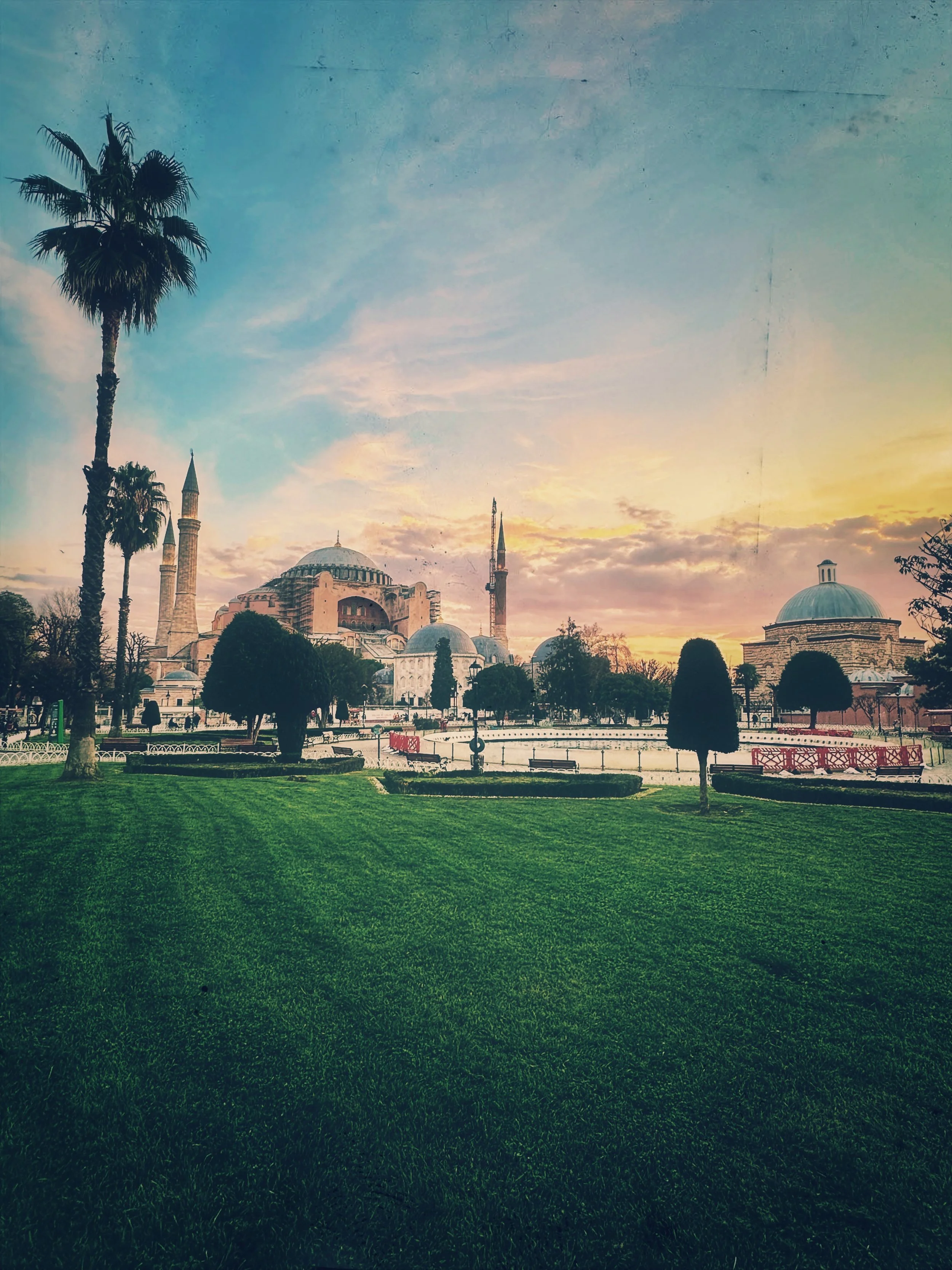 Hagia Sophia and Sultanahmet Square at sunset in Istanbul