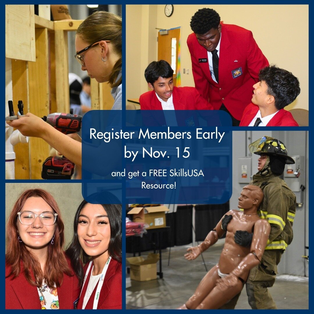 Unlock a free SkillsUSA resource for your training program by registering at least 15 student members and 1 professional member by Nov. 15. Empower your students with the tools for success and register early! #SkillsUSA