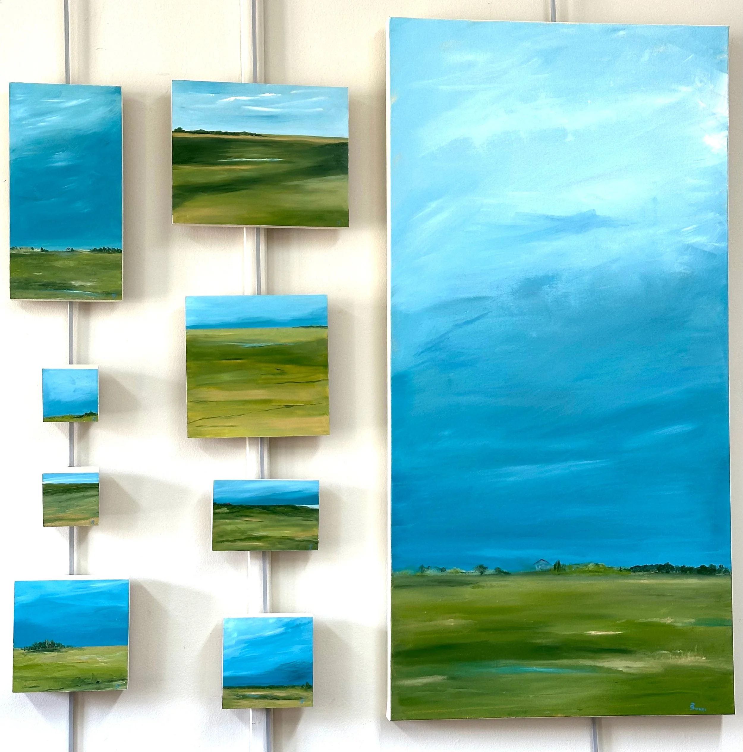 A grouping of 9 paintings in a variety of sizes, hanging on a wall. They all feature turquoise skies, green grass, and have an abstracted vibe.