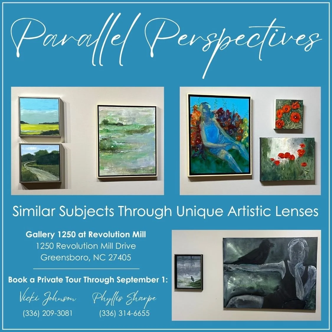 Vicki Johnson &amp; I have a new art show up at Gallery 1250 Revolution Mill. We're doing a little something different... we're having private showings only. So get your friends together for a fun evening with the artists themselves talking about the