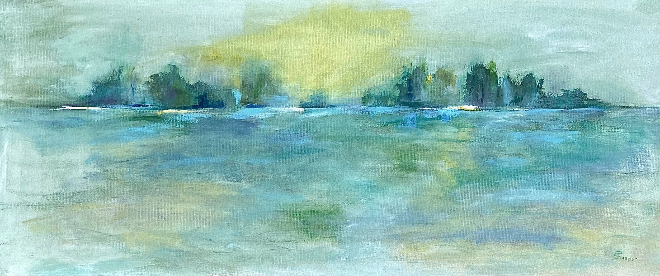 Oil painting of a yellow and green sky, an abstracted body of water in front, with blue and green, and a row of trees in the distance.