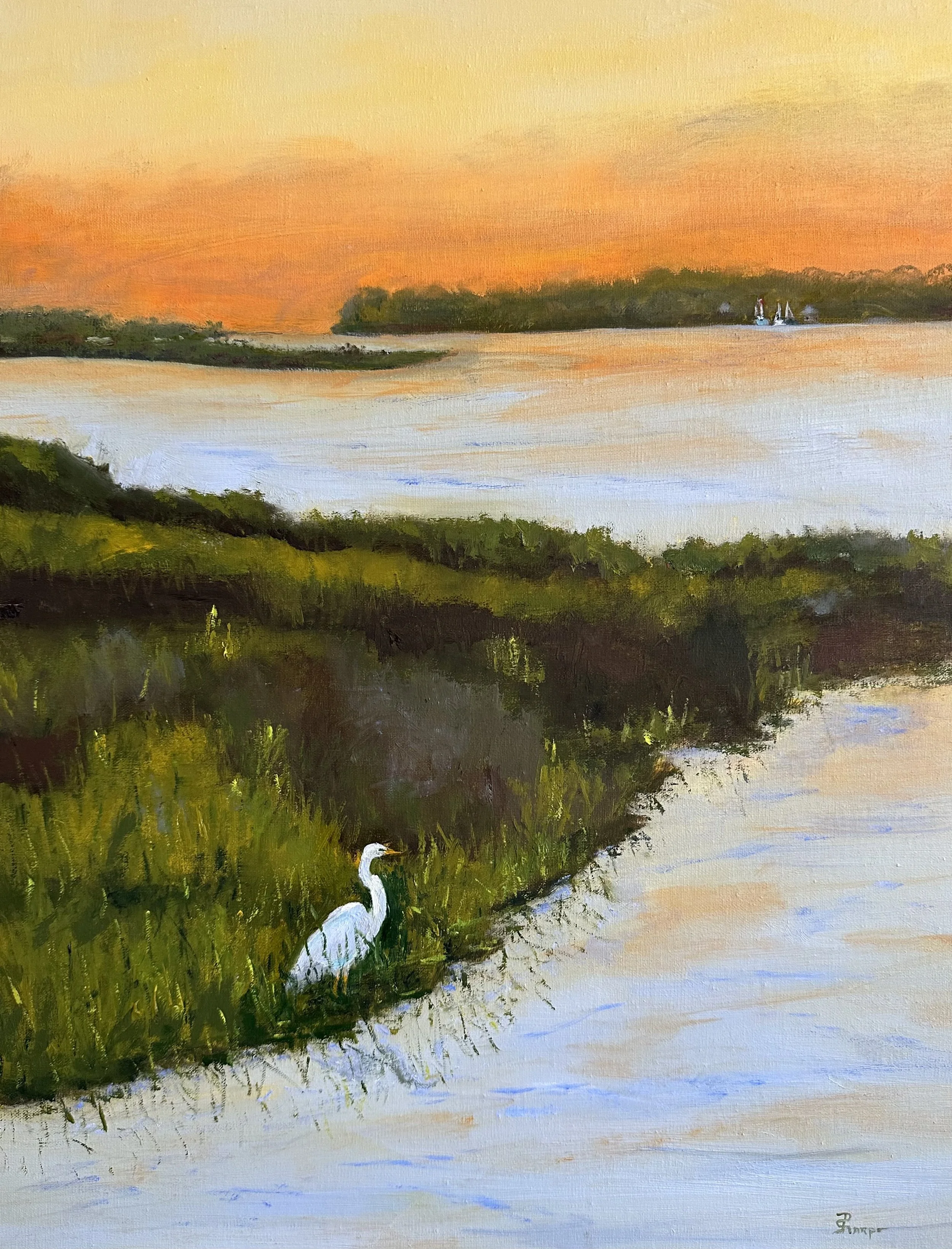 Oil painting by Phyllis Sharpe, fine art, heron, evening vigil, sunset, wildlife, Greensboro NC artist.